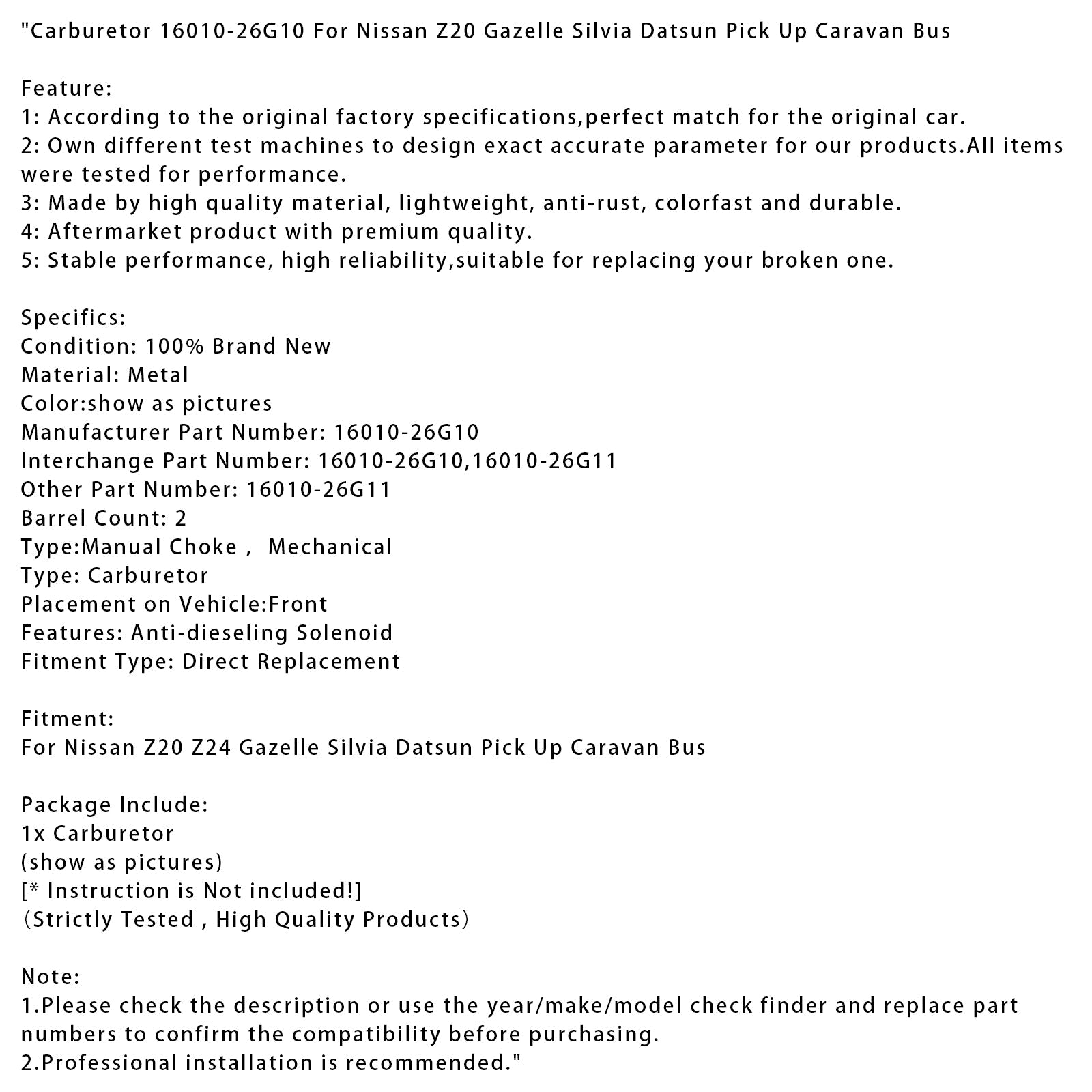 Carburateur 16010-26G10 pour Nissan Z20 Gazelle Silvia Datsun Pick Up Caravan Bus