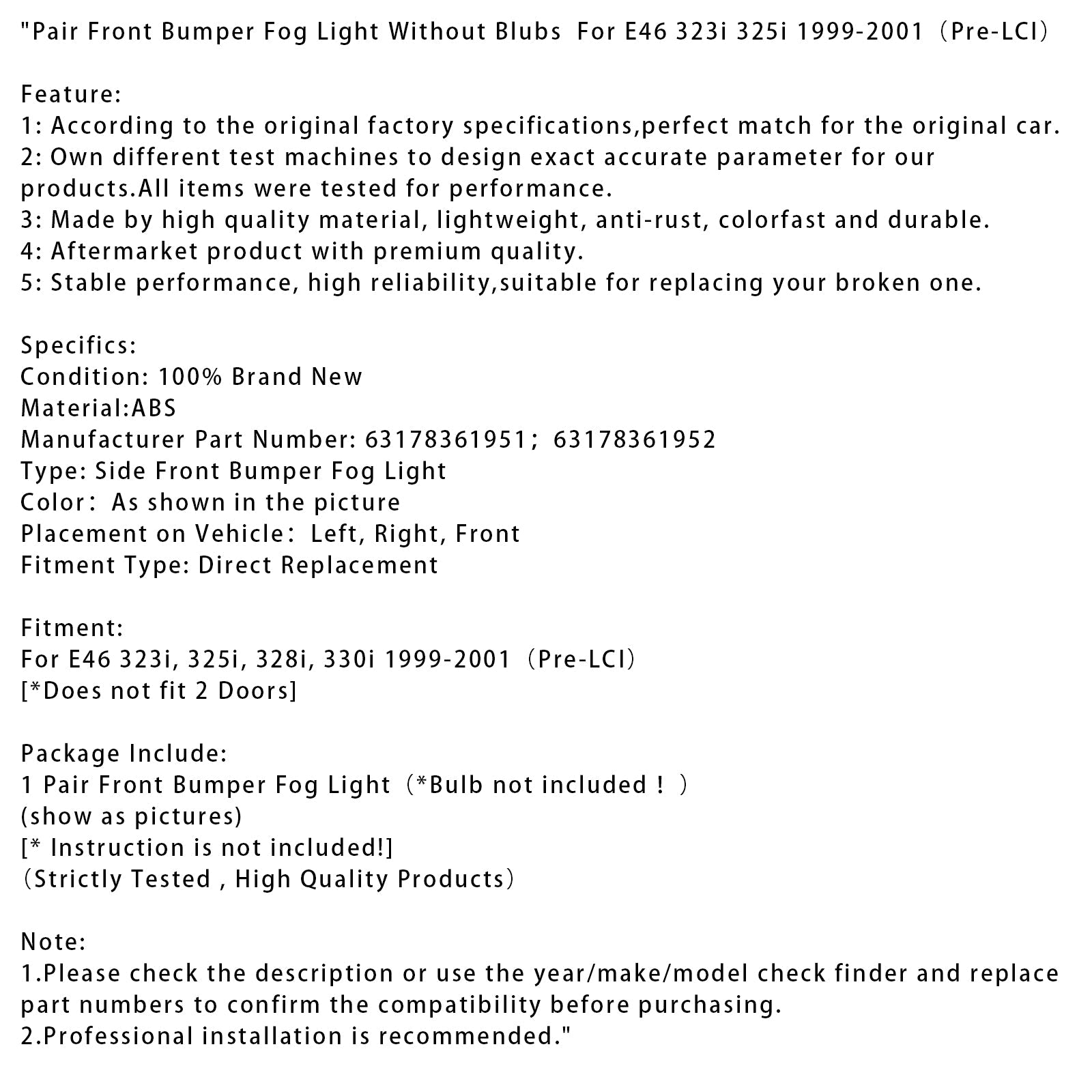 Pari etuvaloja ilman lamppuja E46 323i 325i 1998-2001 (pre-LCI)