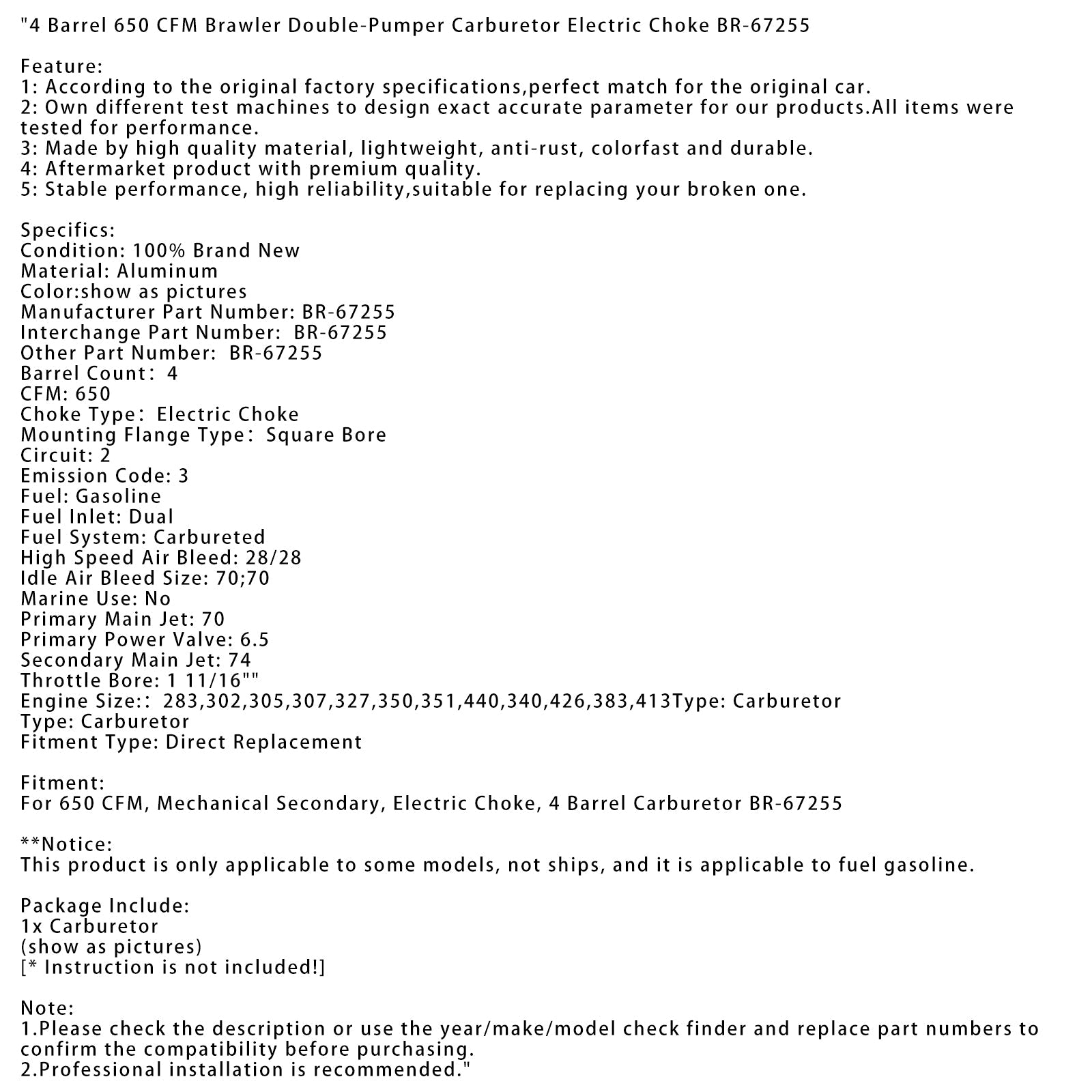 Brawler 4 Barrel 650 CFM carburateur met dubbele pomp en elektrische choke BR-67255