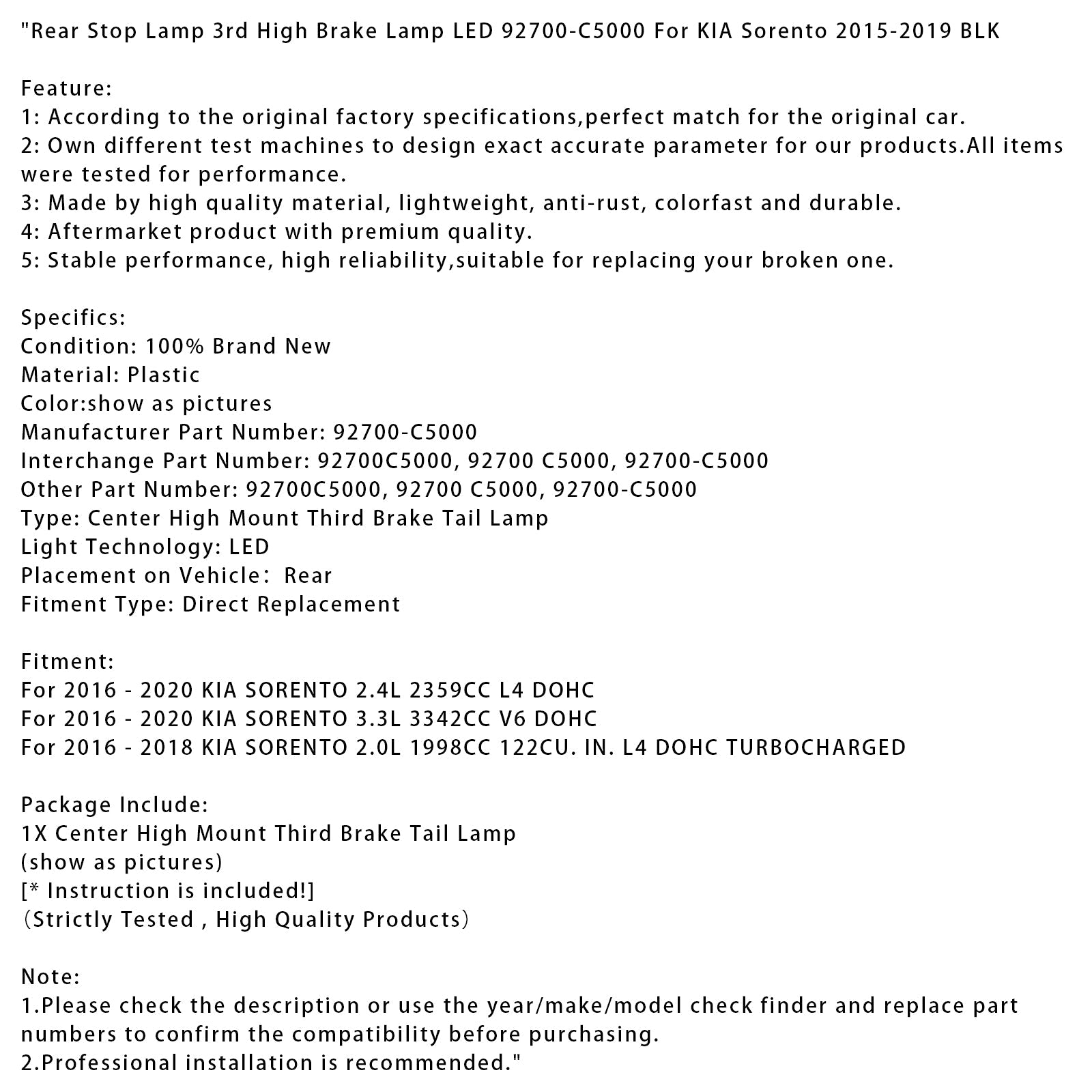 Talena trasera LED al 92700-C5000 BLK para Kia Sorento 2015-2019