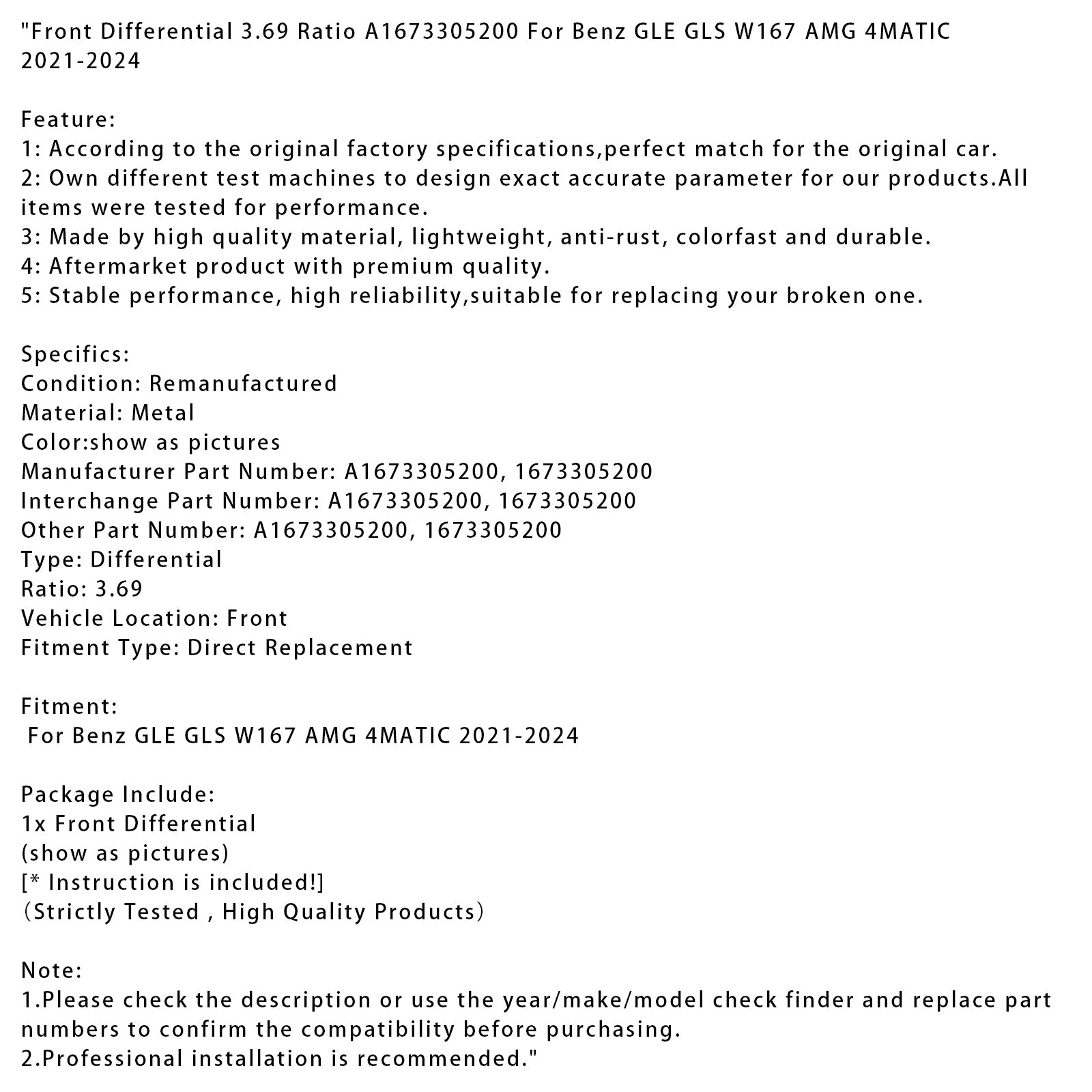 Différentiel avant Benz GLE GLS W167 AMG 4MATIC 2021-2024, rapport 3,69 A1673305200 1673305200