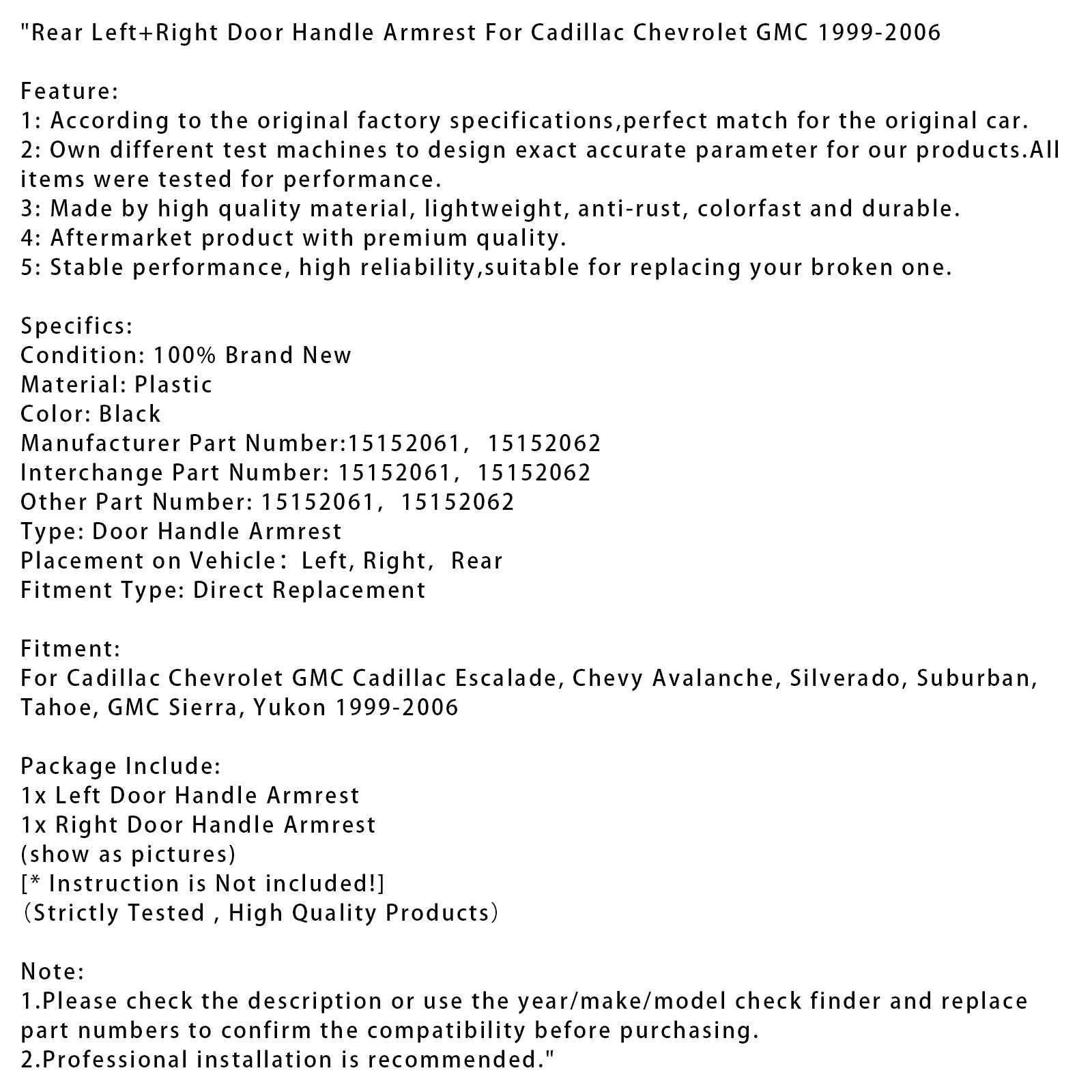 Poignée de porte arrière gauche et droite, accoudoir, pour Cadillac, Chevrolet et GMC (1999-2006) - Références : 15152061 et 15152062