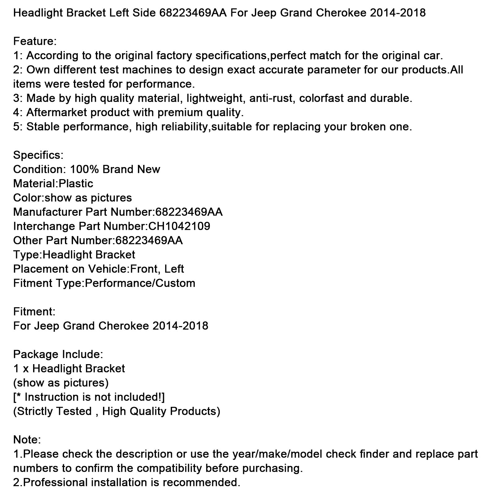 Wspornik lewego reflektora do Jeepa Grand Cherokee 2014-2016, numer części 68223469AA