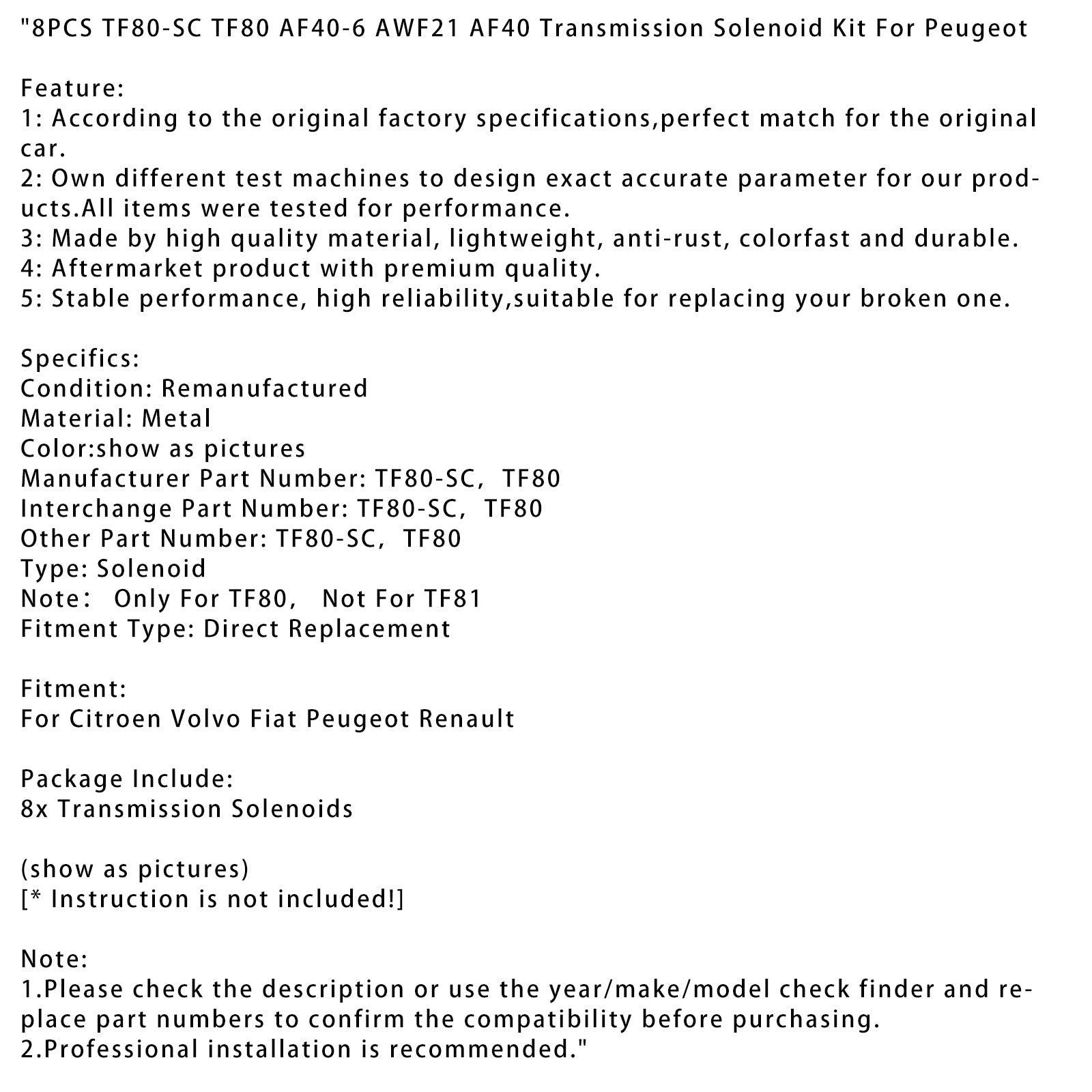 Kit de transmisión solenoide de 8 habitaciones para Citroën, Volvo, Fiat, Peugeot, Renault, TF80-SC, AF40-6, AWF21, AF40
