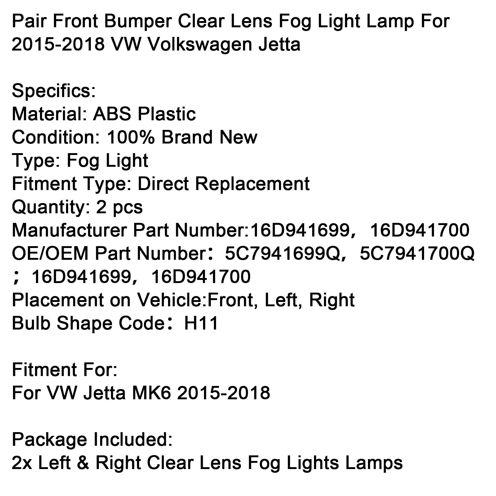 Mistlampen voor met heldere lens voor VW Volkswagen Jetta (2015-2018)