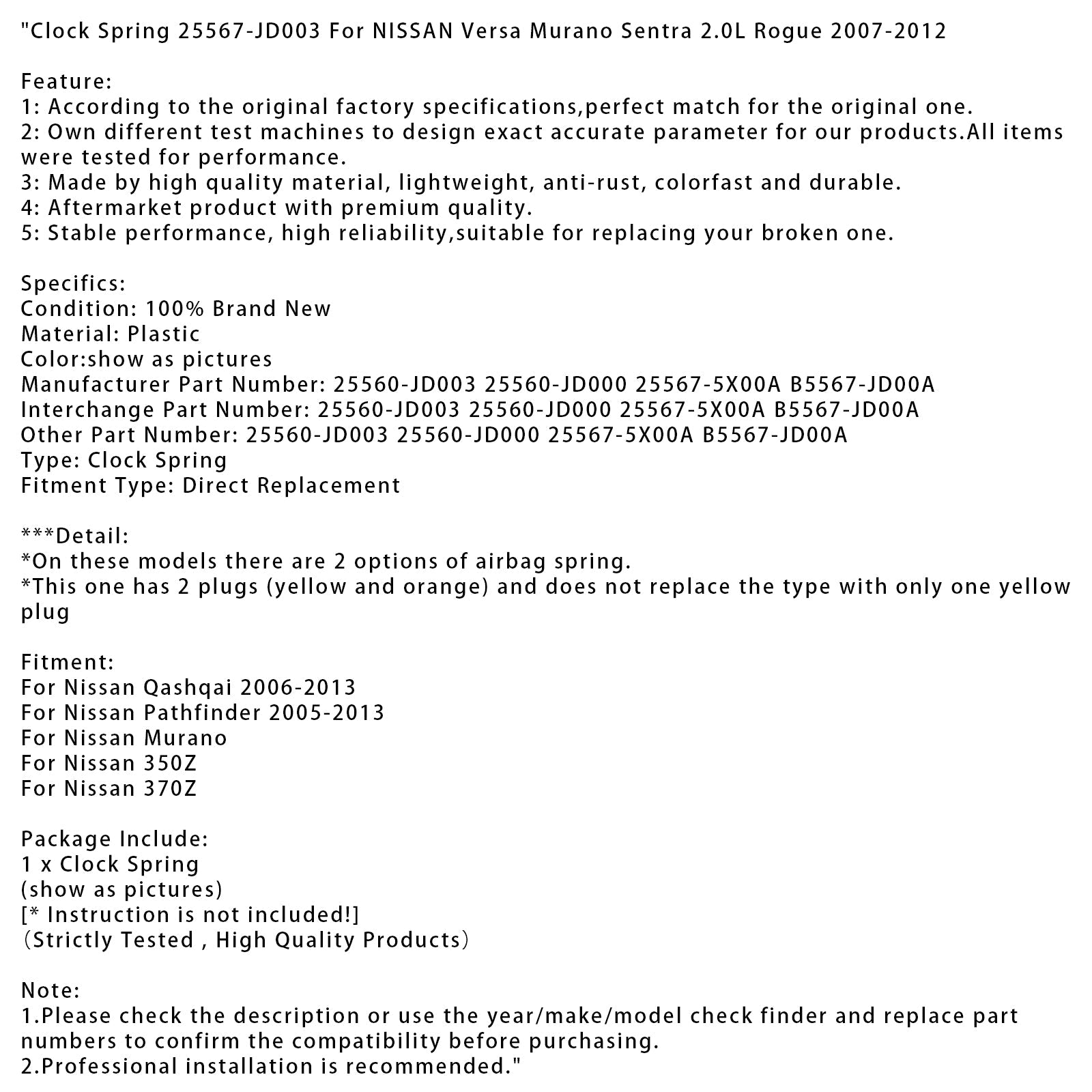 Clock Spring 25567-JD003 per Nissan Versa, Murano, Sentra 2.0L, Rogue 2007-2012
