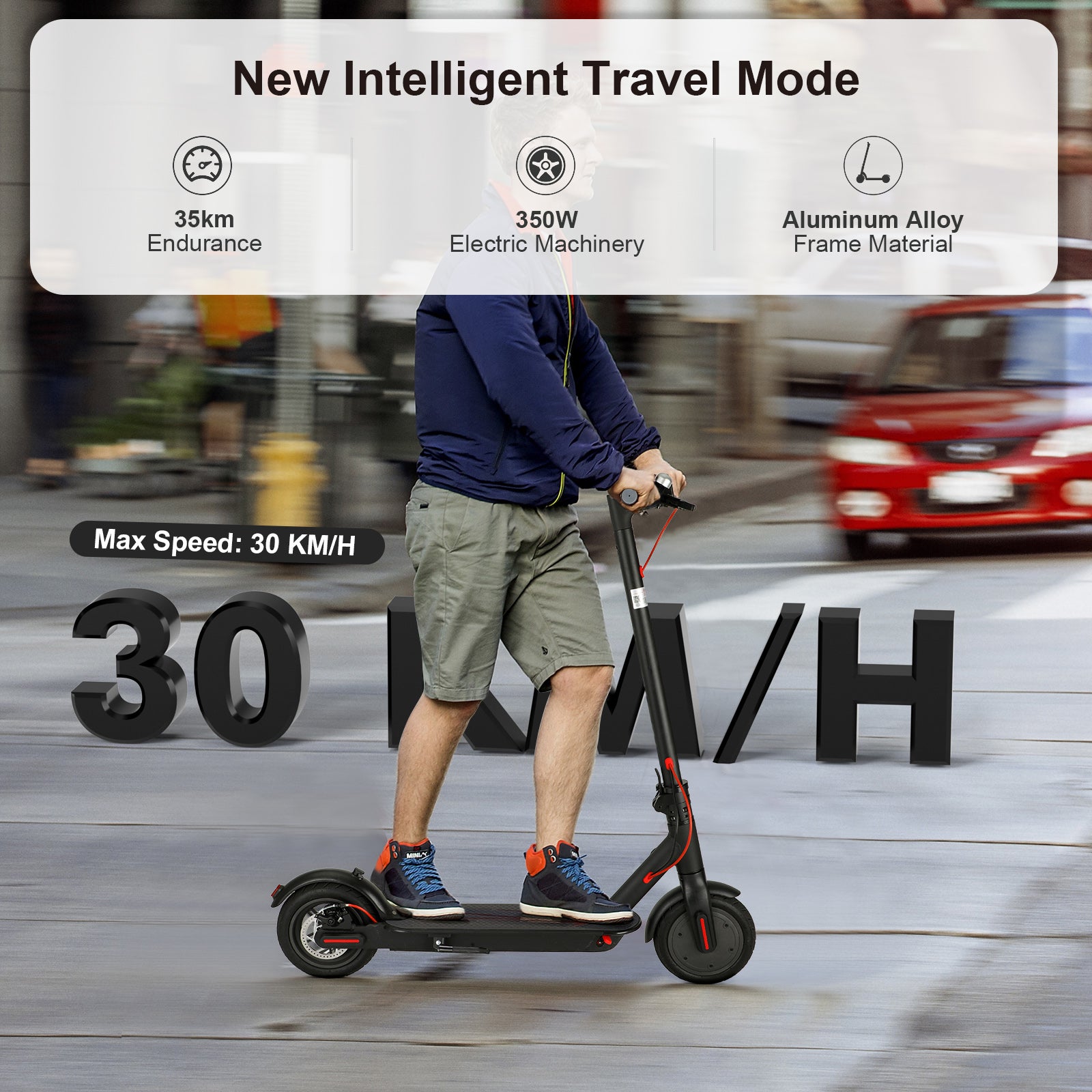 Trottinette Électrique 350W 8,5", Autonomie 35 km, 30 km/h, Double Frein et Pneus Pleins