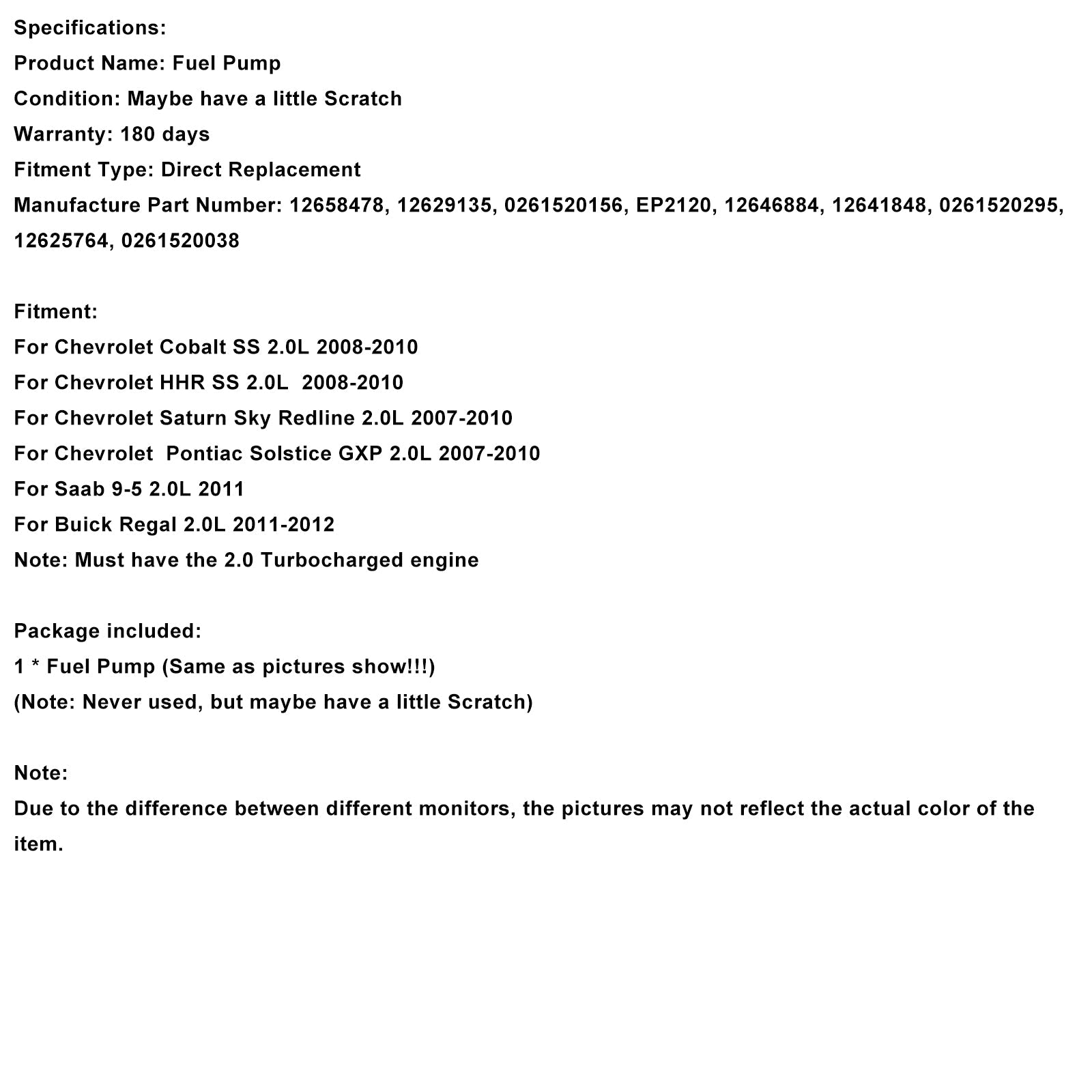 Pompa carburante ad alta pressione per Chevrolet HHR SS 2.0L (2008-2010) Riferimenti: 12658478, 12629135 e 0261520038