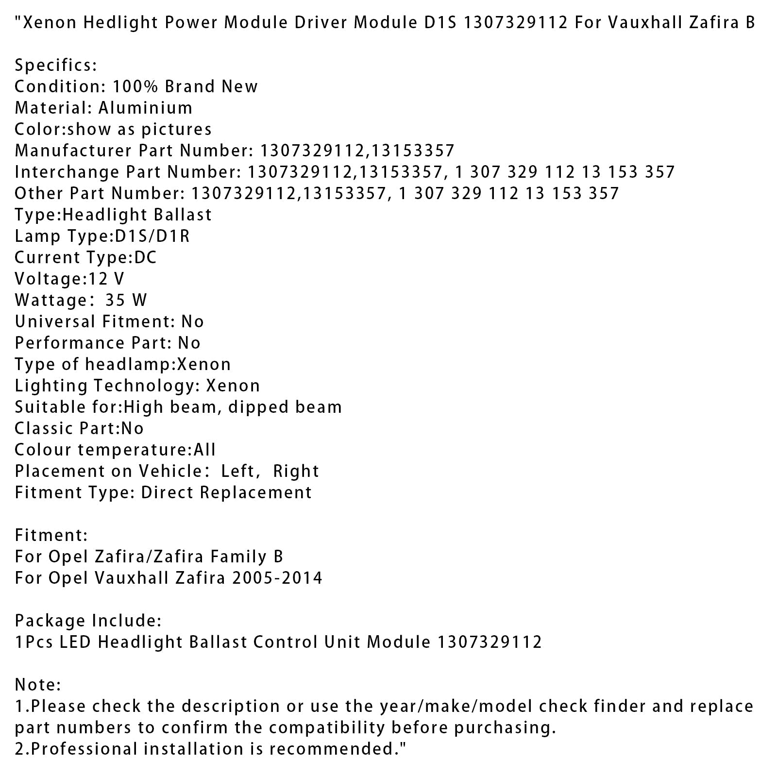 Modulo di controllo dei fari in Xenon D1S 1307329112 per Opel Zafira B