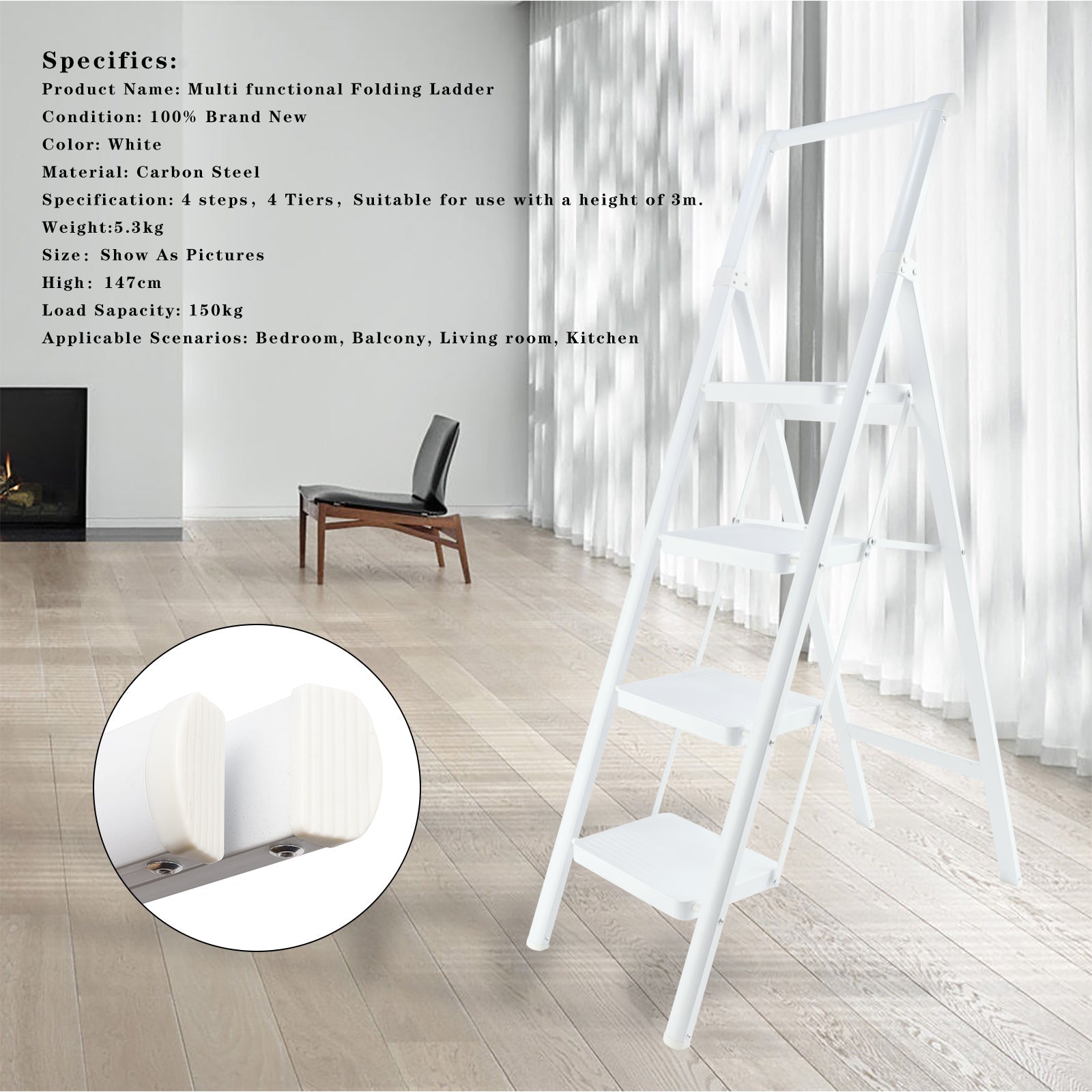 Escalera de 4 peldaños, taburetes plegables para adultos, pedal antideslizante, ligero