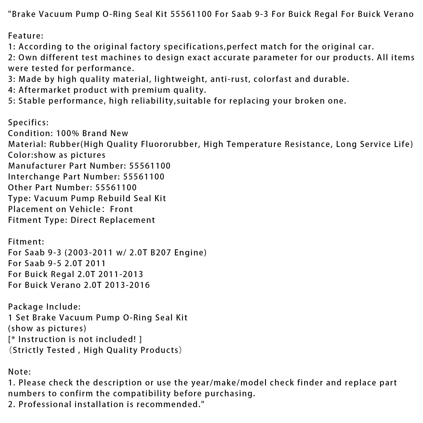 Kit di giunti torici per pompa a vuoto 55561100 per Saab 9-3 e Buick Regal