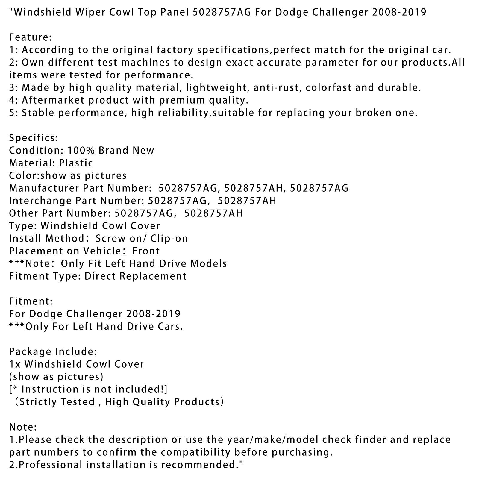 Górny Panel Wycieraczki Szyby Dodge Challenger 2008-2019 5028757AG