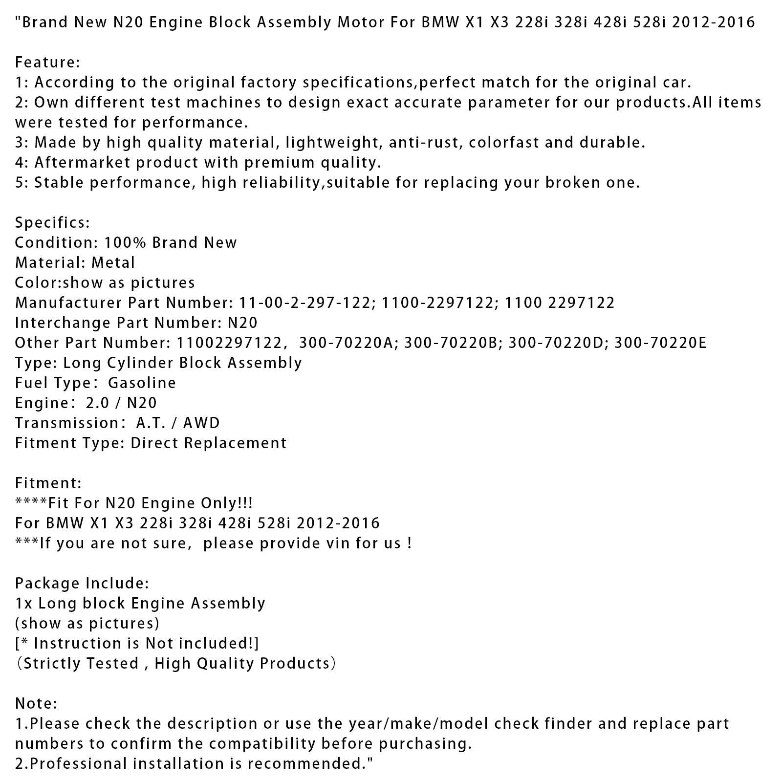 Nuevo bloque de motor N20 para BMW X1 X3 228i 328i 428i 528i 2012-2016