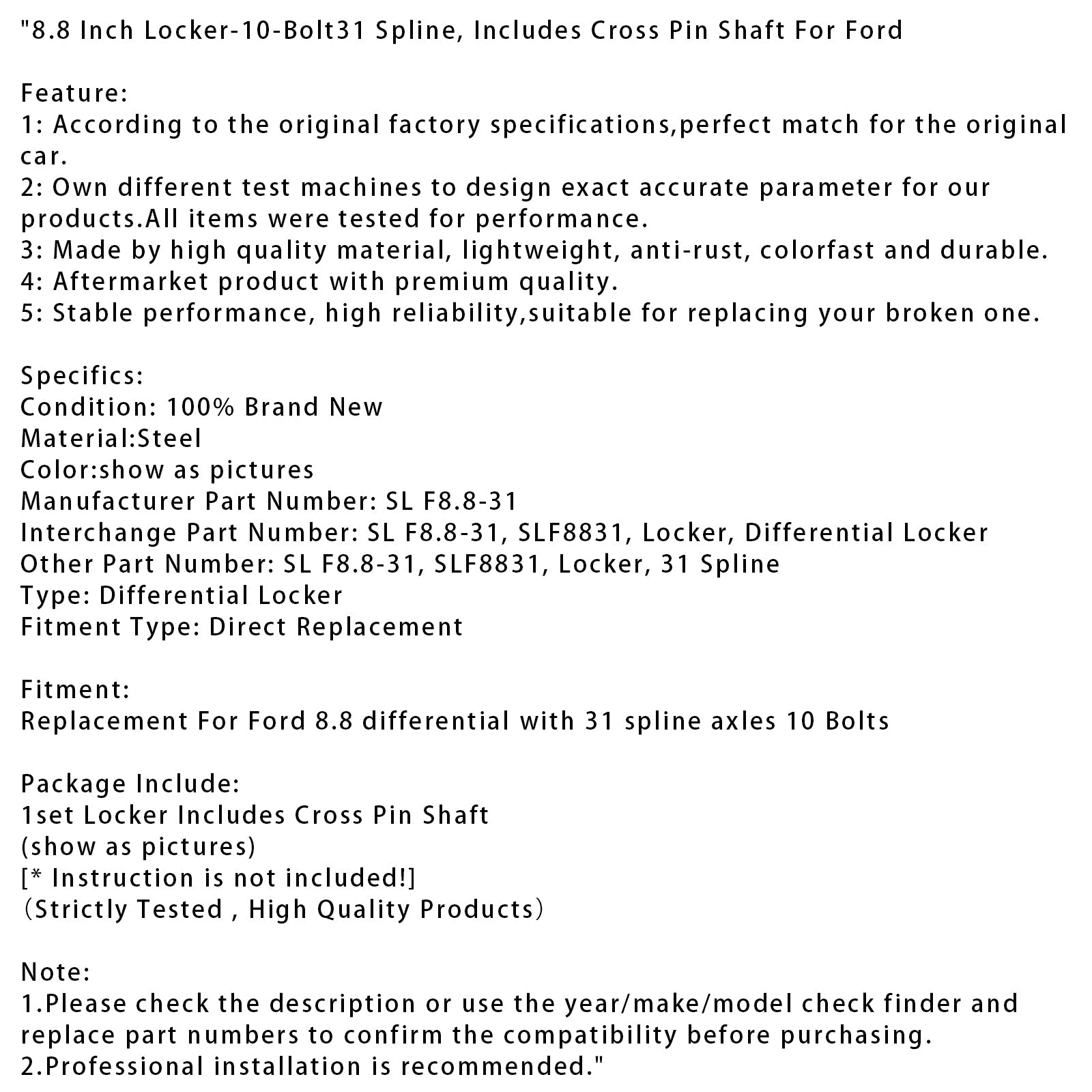 8,8 -palčna ključavnica, 10 vijakov, 31 utorov, s prečno osjo za Ford