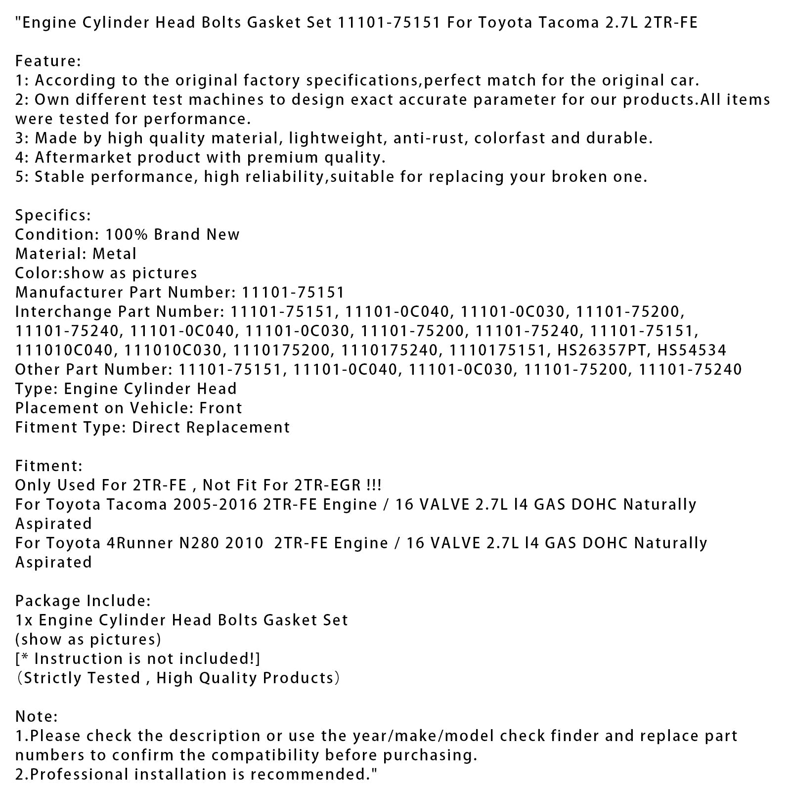 Caux Joins Game 11101-75151 per Toyota Tacoma 2.7L 2TR-FE