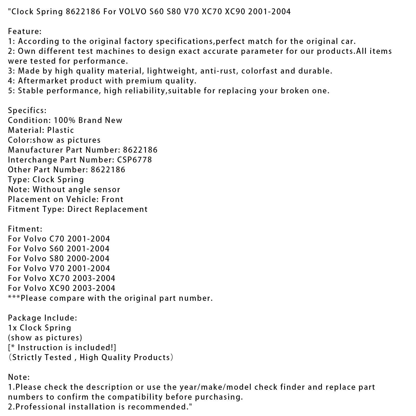 Primavera de&Reloj 8622186 para VOLVO S60 S80 V70 XC70 XC90 2001-2004 8622186 CSP6778