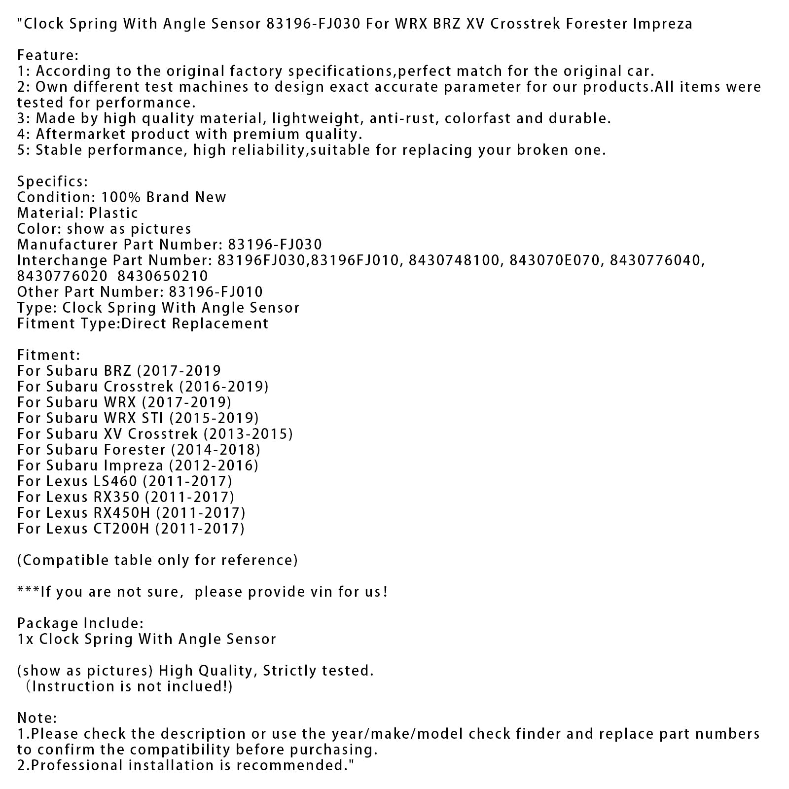 Molla orologio con sensore angolare per Subaru Forester 2014-2018 83196-FJ030