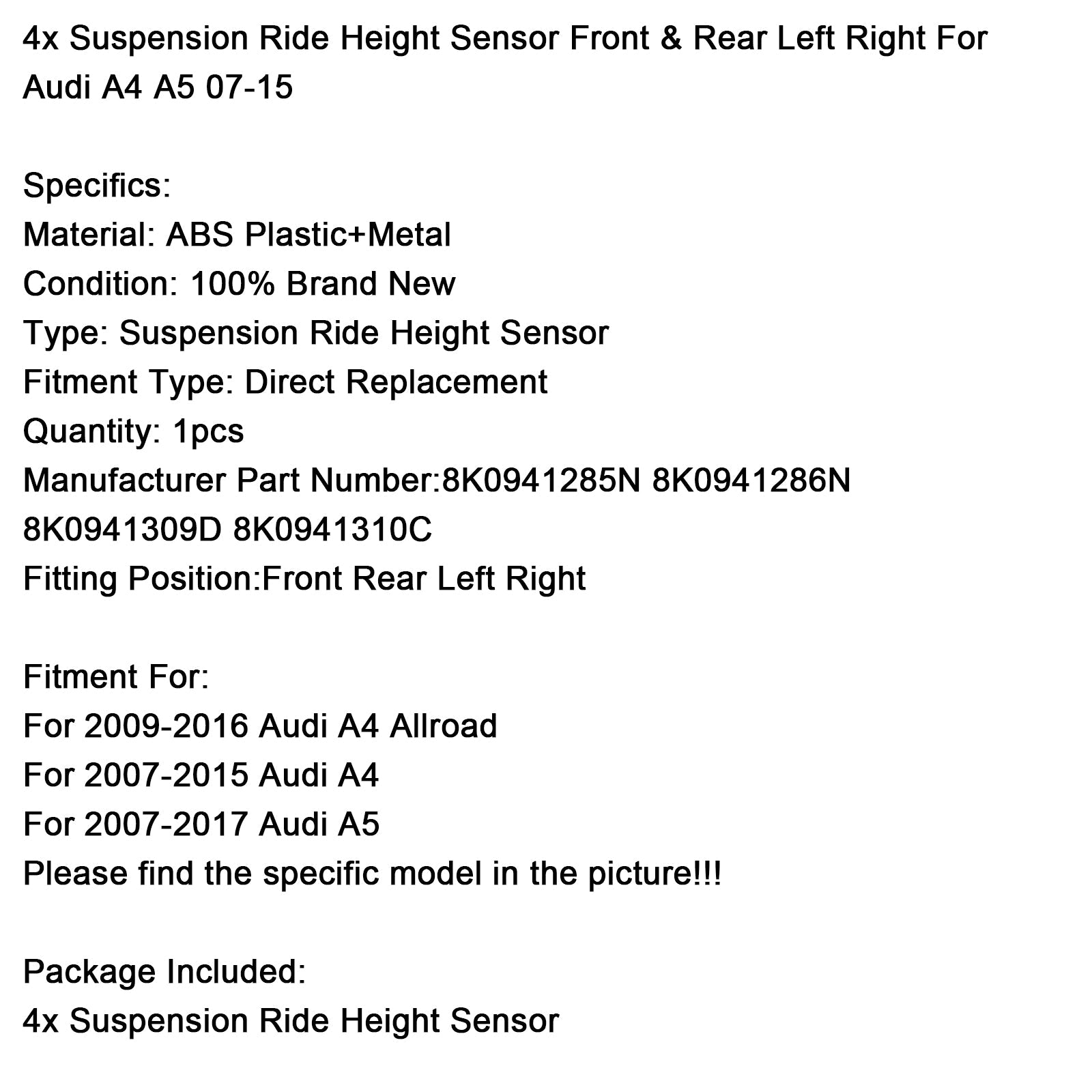 Sensore della sospensione anteriore e posteriore sinistra/destra altezza 8K0941285N per Audi A5 4X 2007-2017