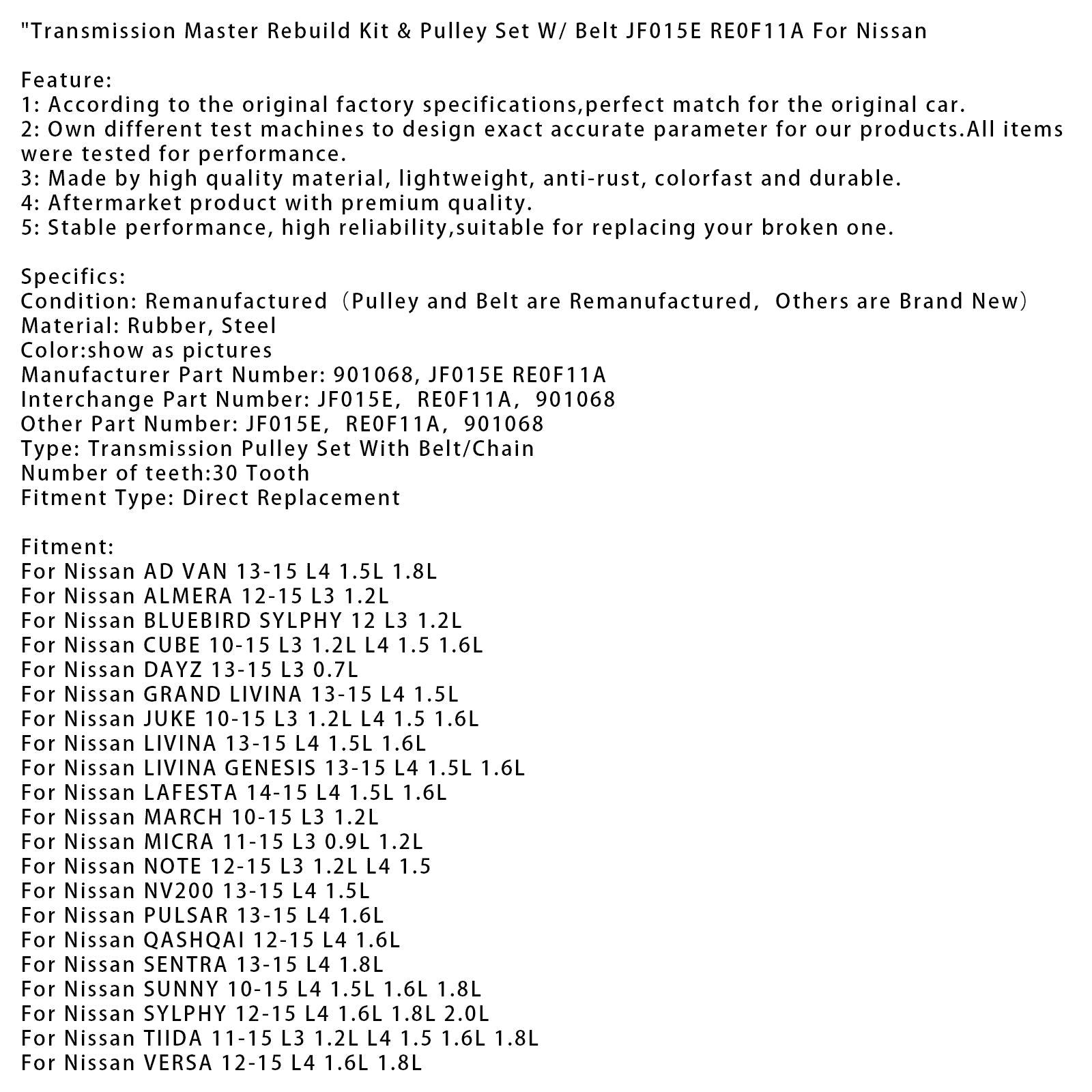 Kit di ricostruzione della trasmissione principale e puleggia con cintura JF015E RE0F11A per Suzuki Swift L4 1,2 L, 1,3 L e 1,4 L (2011-2015)