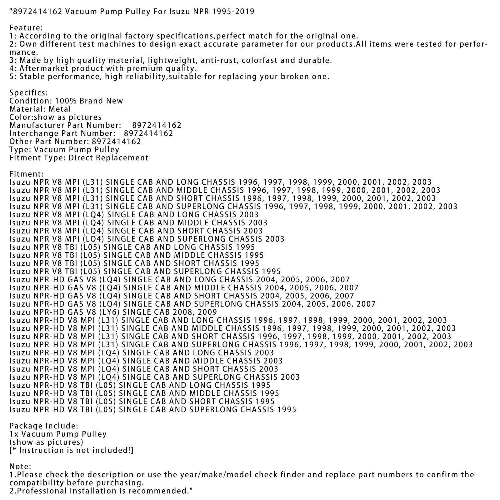 Polea de bomba de vacío 8972414162 para Isuzu NPR 1995-2019