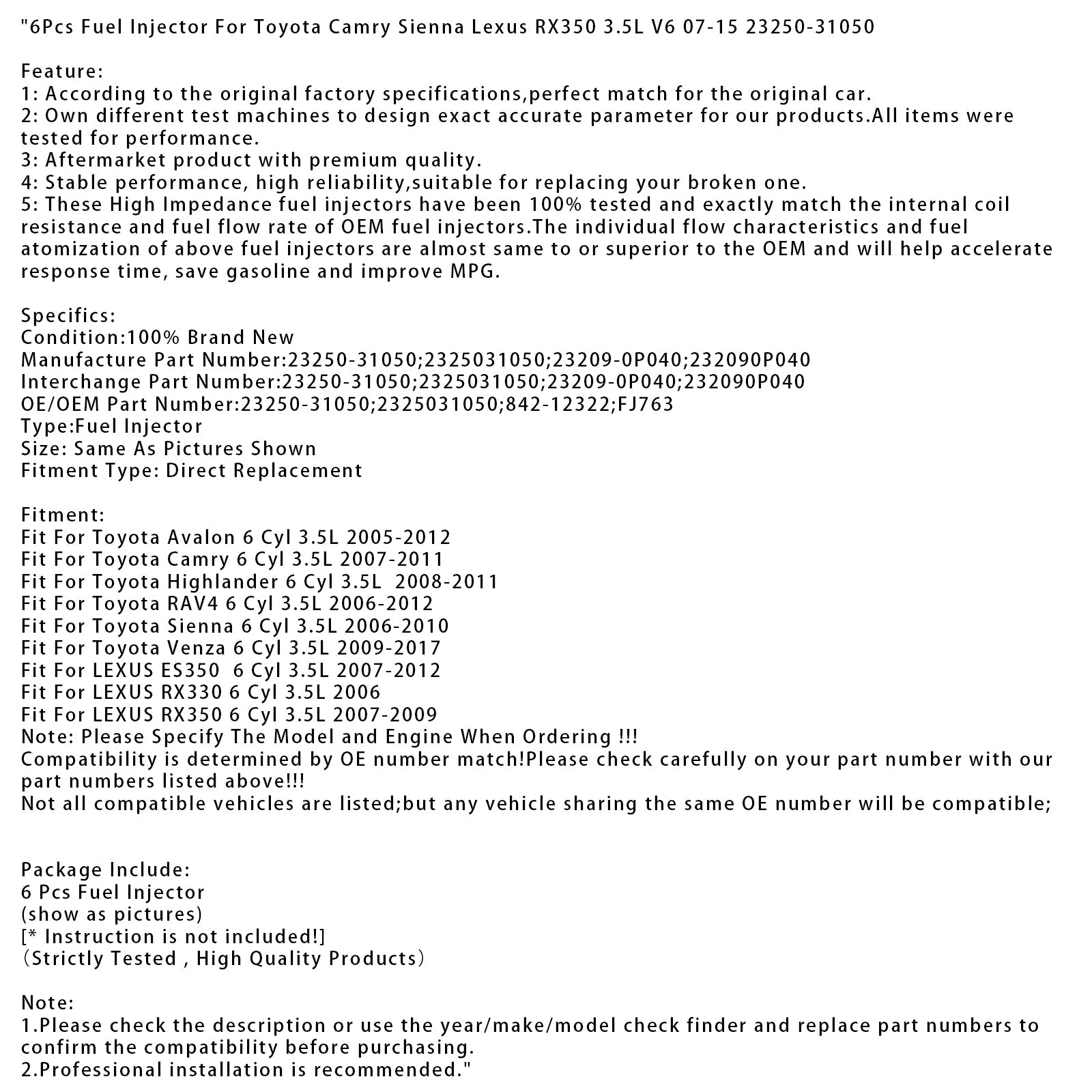 6 injecteurs de carburant pour Toyota Camry Sienna Lexus RX350 3.5L V6 07-15 23250-31050