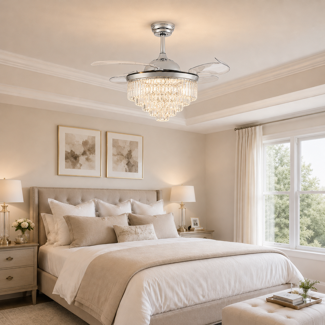 Ventilateur de plafond en cristal de 106 cm avec éclairage pales rétractables couleur argent 6 vitesses