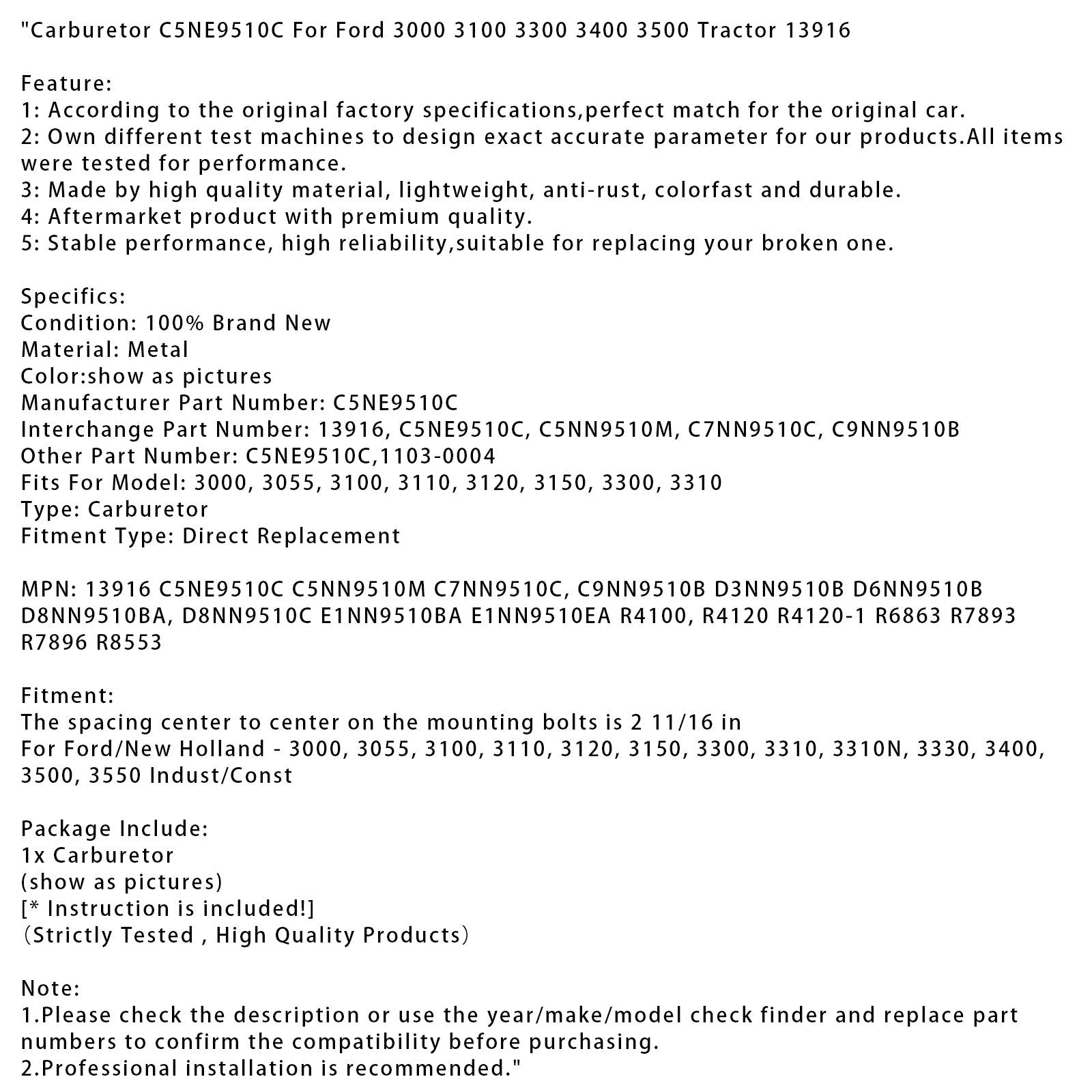 Carburateur C5NE9510C pour tracteur Ford 3000 3100 3300 3400 3500 13916
