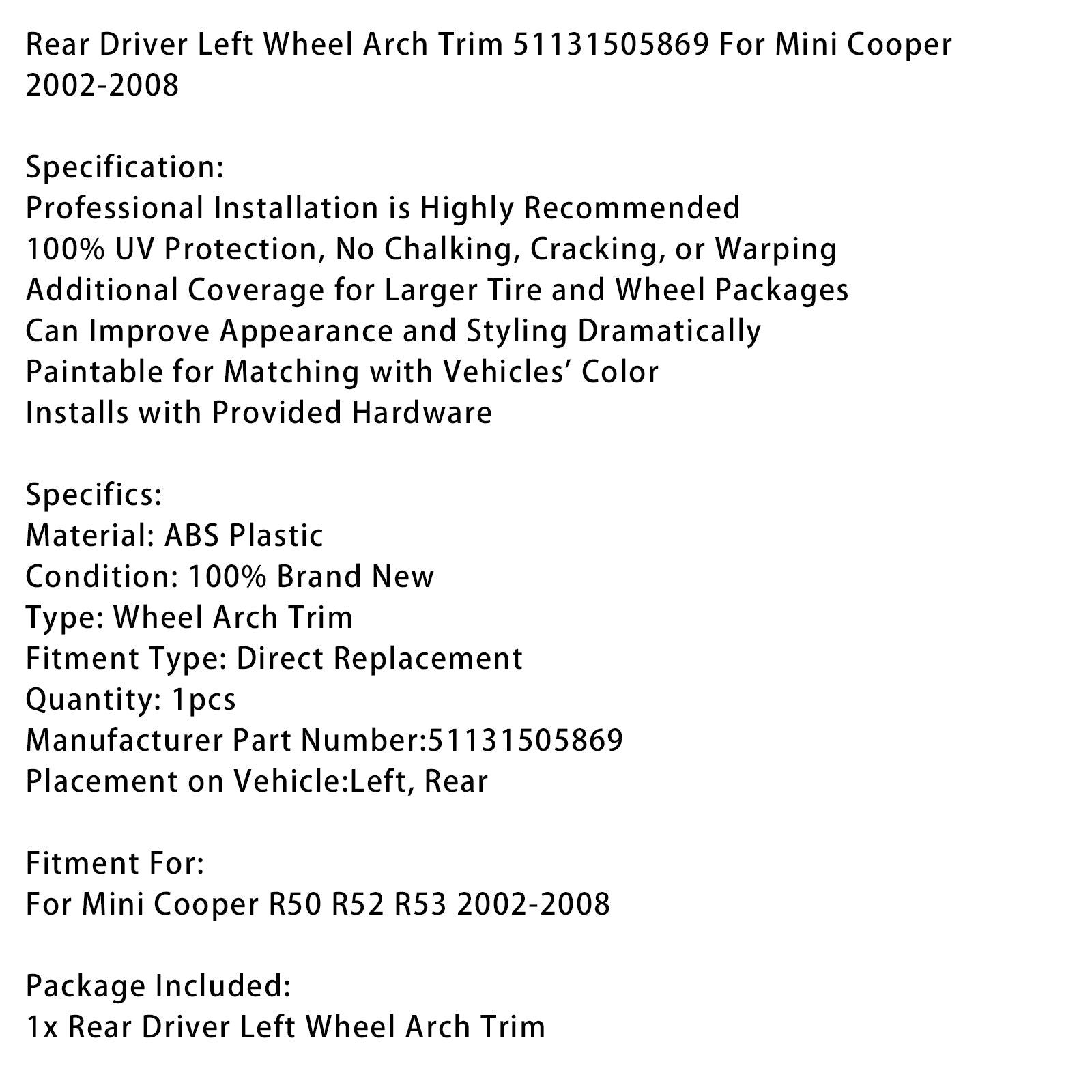Obloga kolesnega loka na zadnji levi voznikovi strani 51131505869 za Mini Cooper 2002-2008