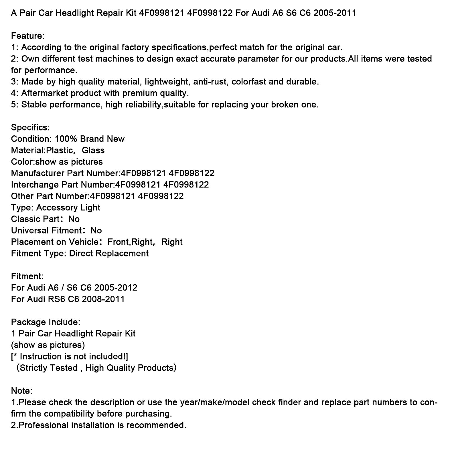 Komplet za popravilo avtomobilskih žarometov (4F0998121 in 4F0998122) za Audi A6 S6 C6 05-11