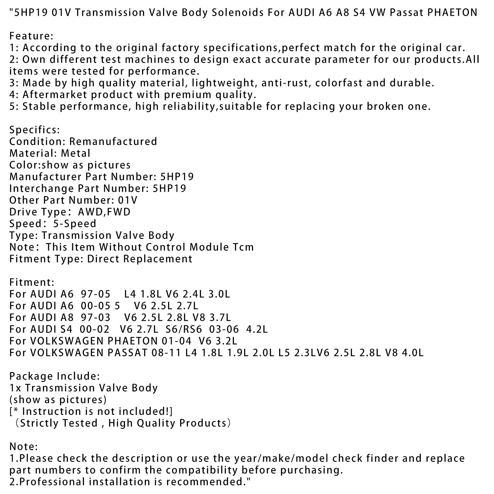 Audi Audi A6 5 V6 2.5L 2.7L 5HP19 01V 2000-2005