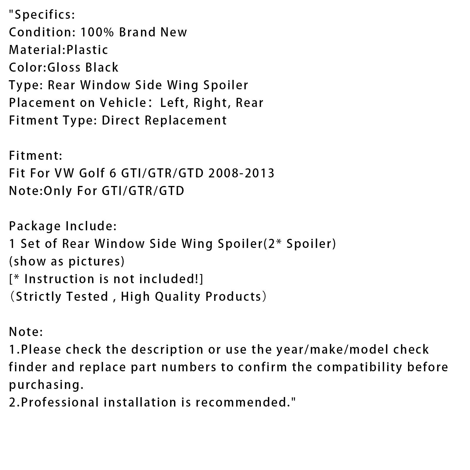 Paire de becquets latéraux de lunette arrière noir brillant pour VW Golf MK6 GTI 2008-2013