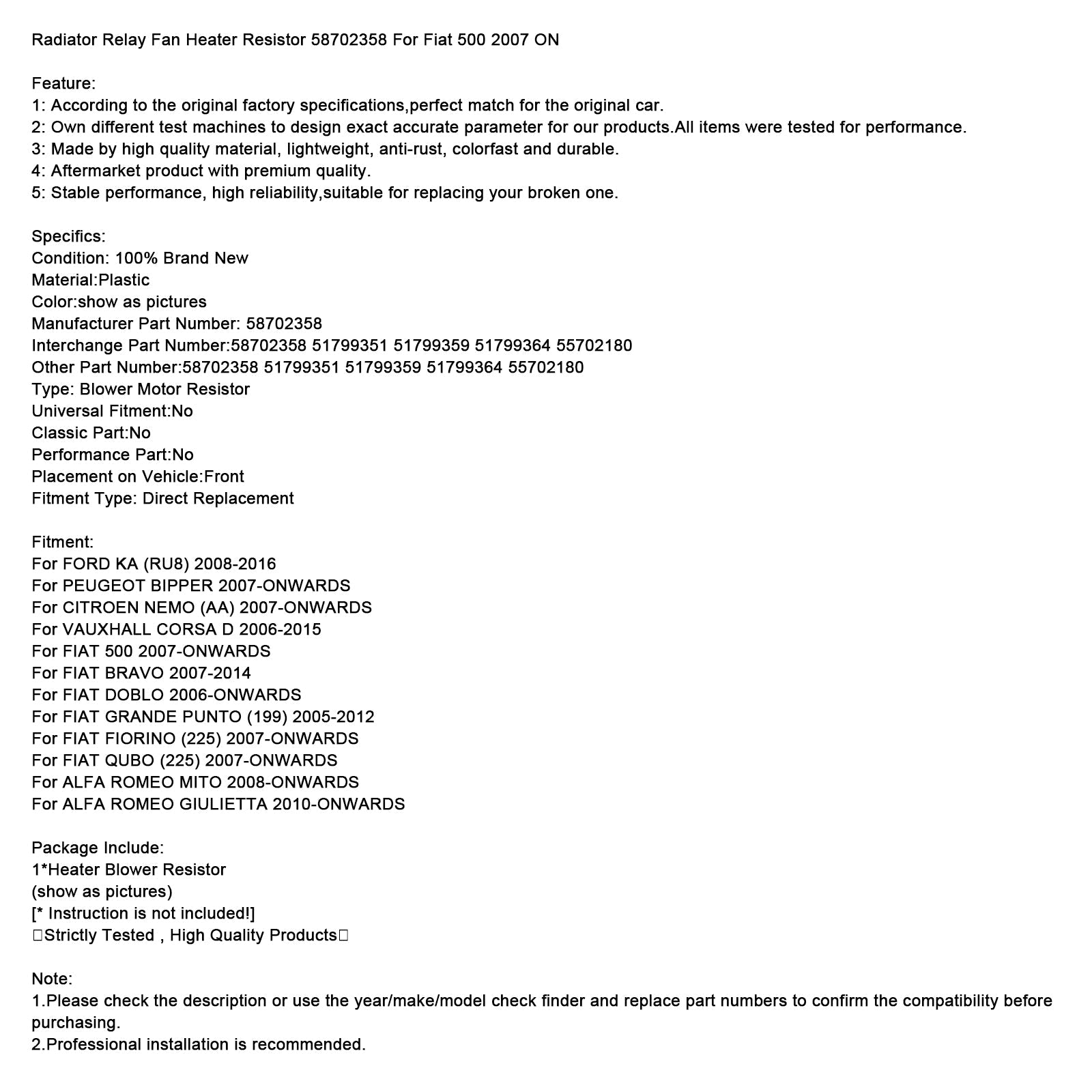 Résistance de ventilateur de radiateur 58702358 pour Fiat 500 à partir de 2007