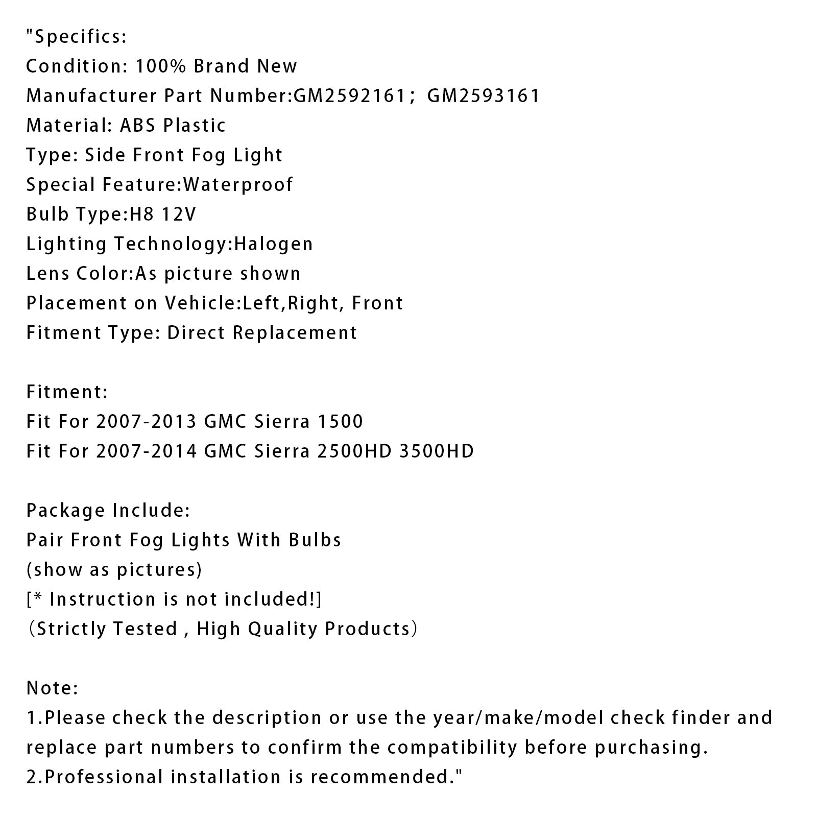 Coppia di fendinebbia anteriori con lampadine per GMC Sierra 1500 2007-2013