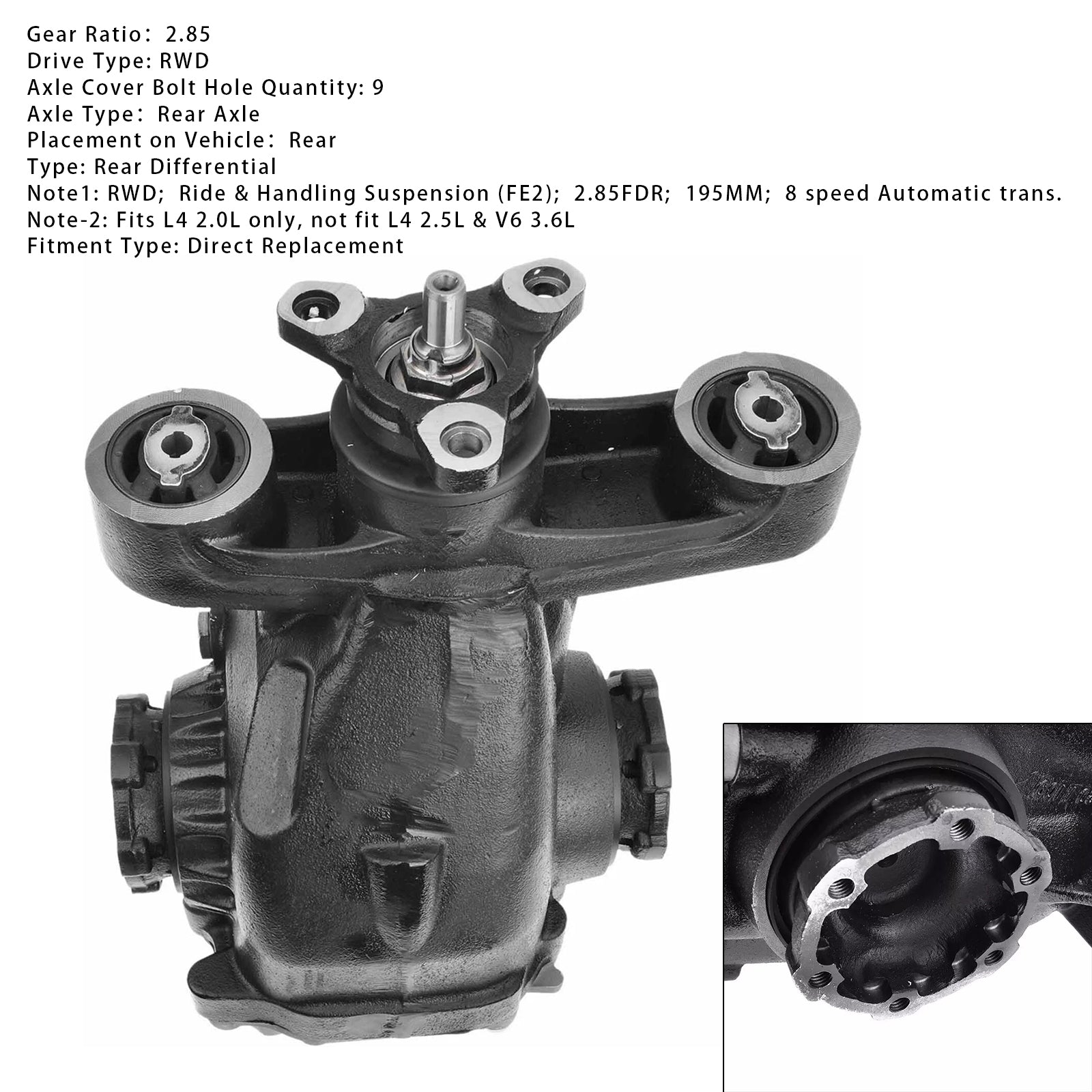 Porte-essieu différentiel à essence Cadillac ATS Performance L4 2,0 L 2016, rapport de transmission 2,85, référence 23156307 84110754