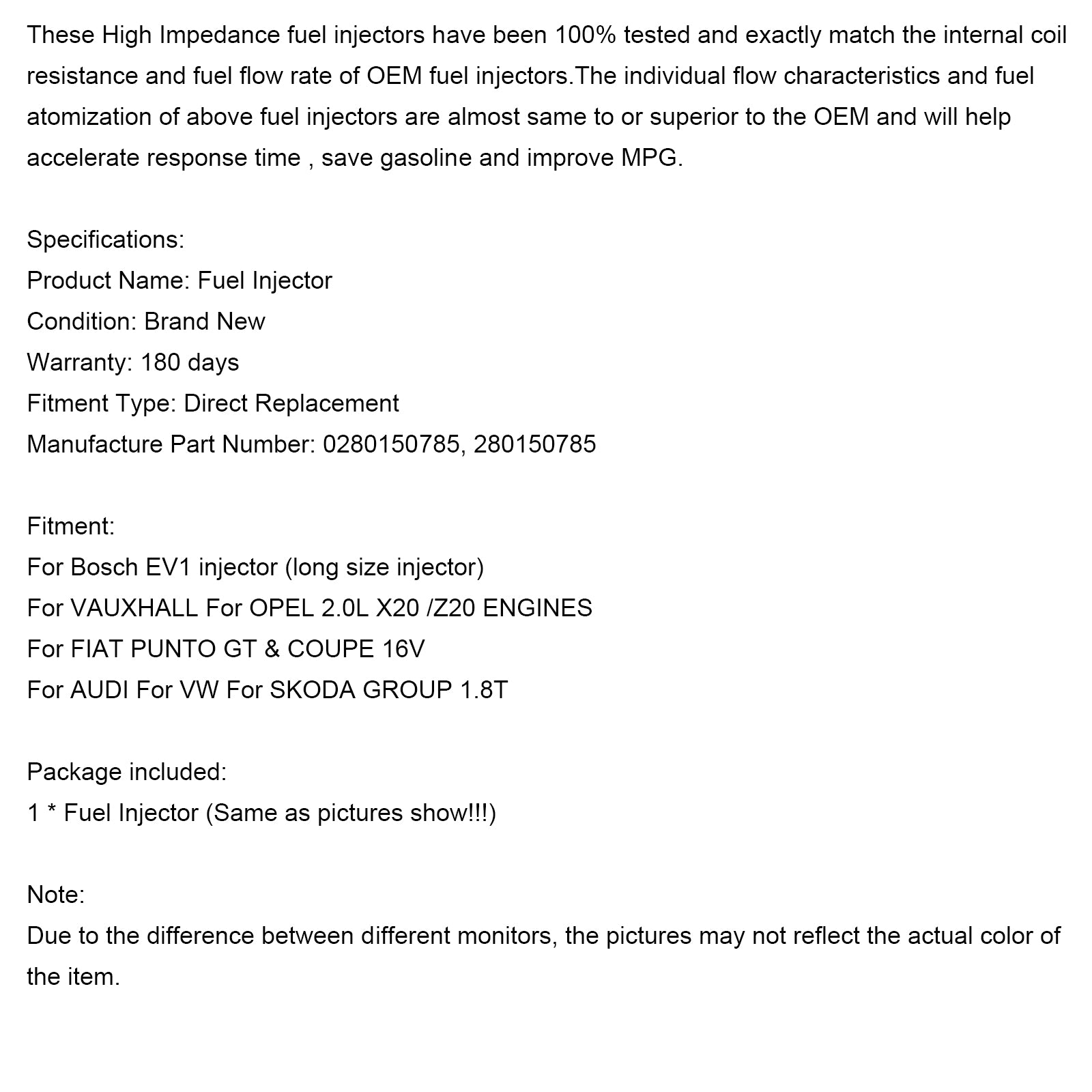 1pcs 310cc Inyector de combustible 0280150785 para Vauxhall para Ford para Audi para BMW