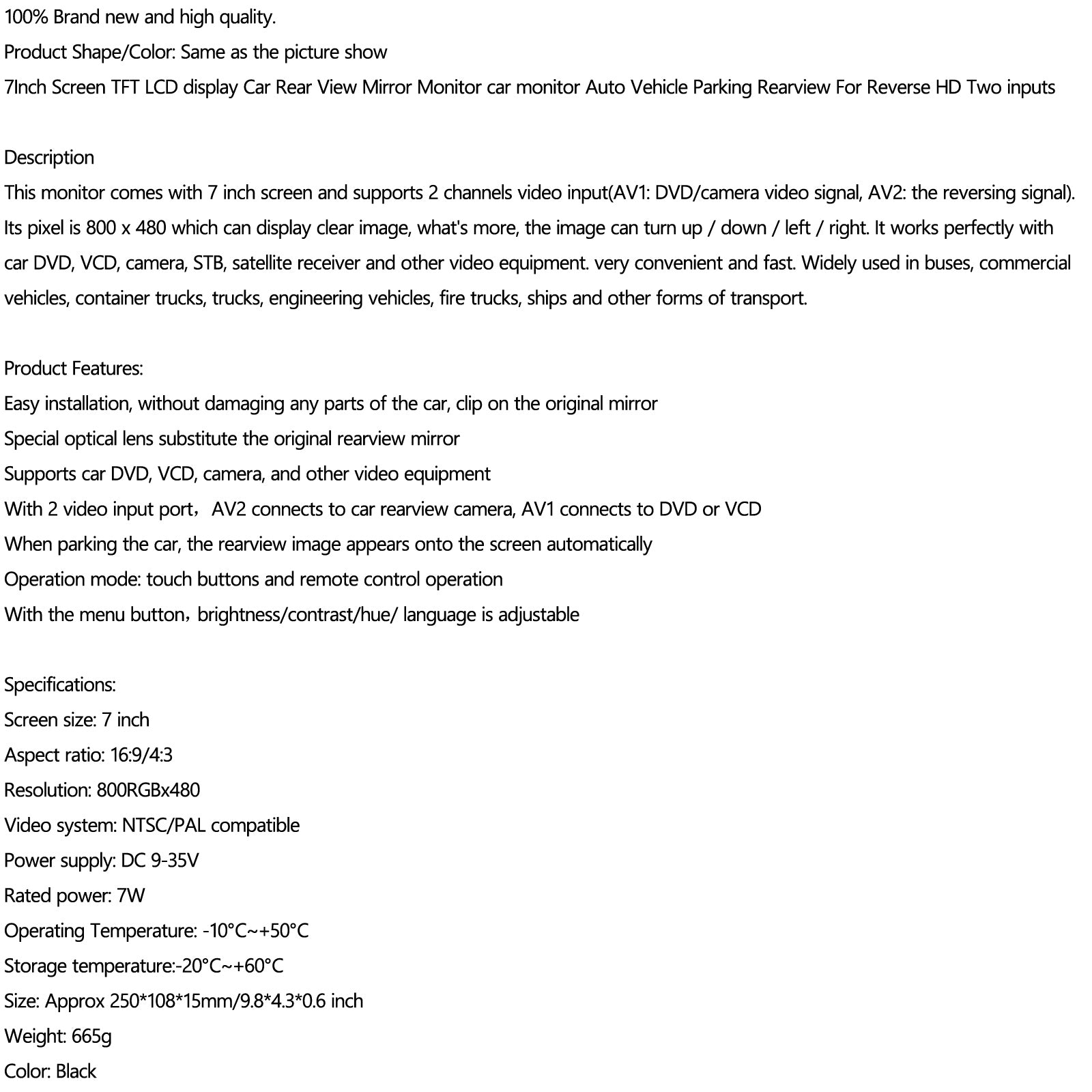 7" Monitor LCD per telecamera posteriore per auto con sensori e lenti per autobus