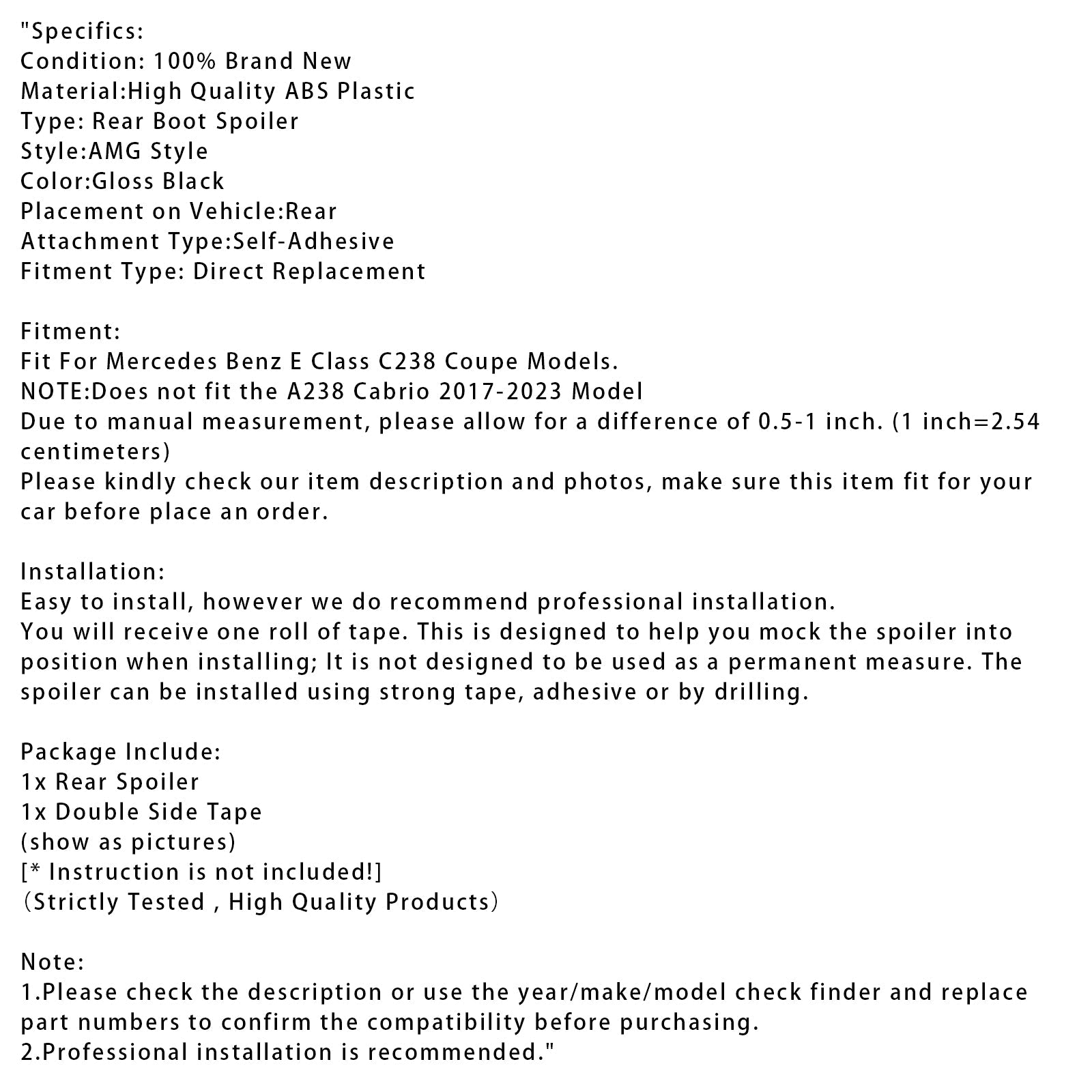 Spoiler posteriore nero lucido per Mercedes-Benz Classe E C238 W213 Coupé AMG 2016+