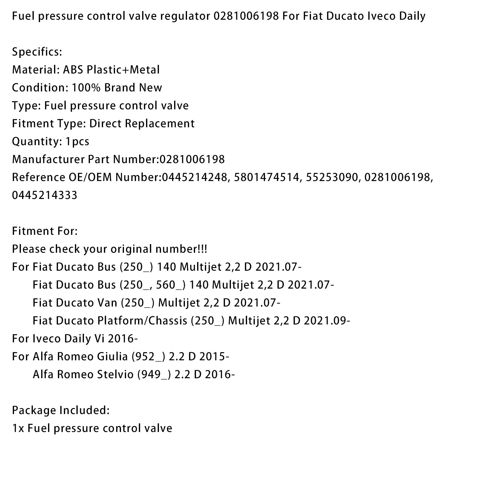 Brandstofdrukregelaar 0281006198 voor Fiat Ducato en Iveco Daily