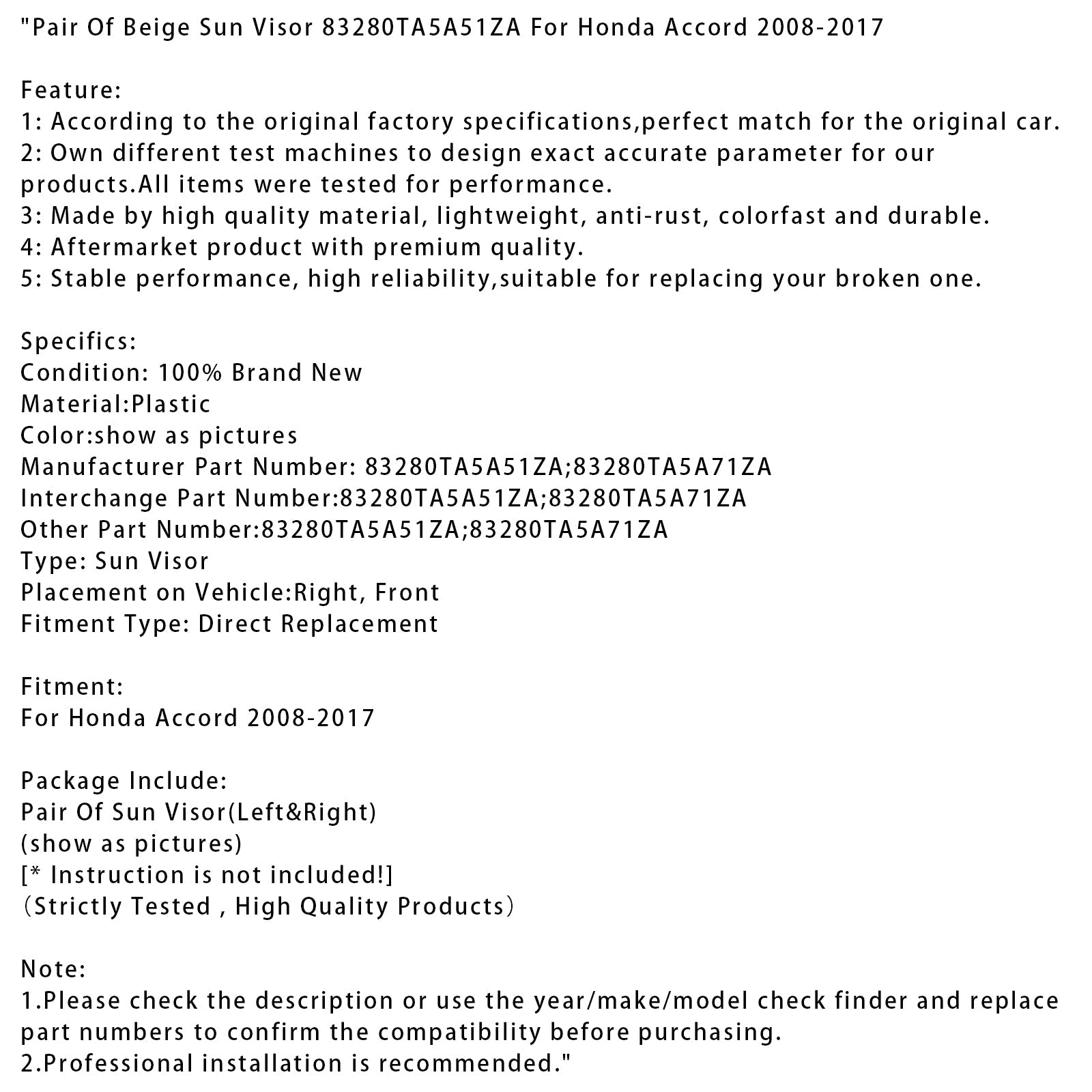 Alette parasole beige (coppia) per Honda Accord 2008-2017, riferimento 83280TA5A51ZA