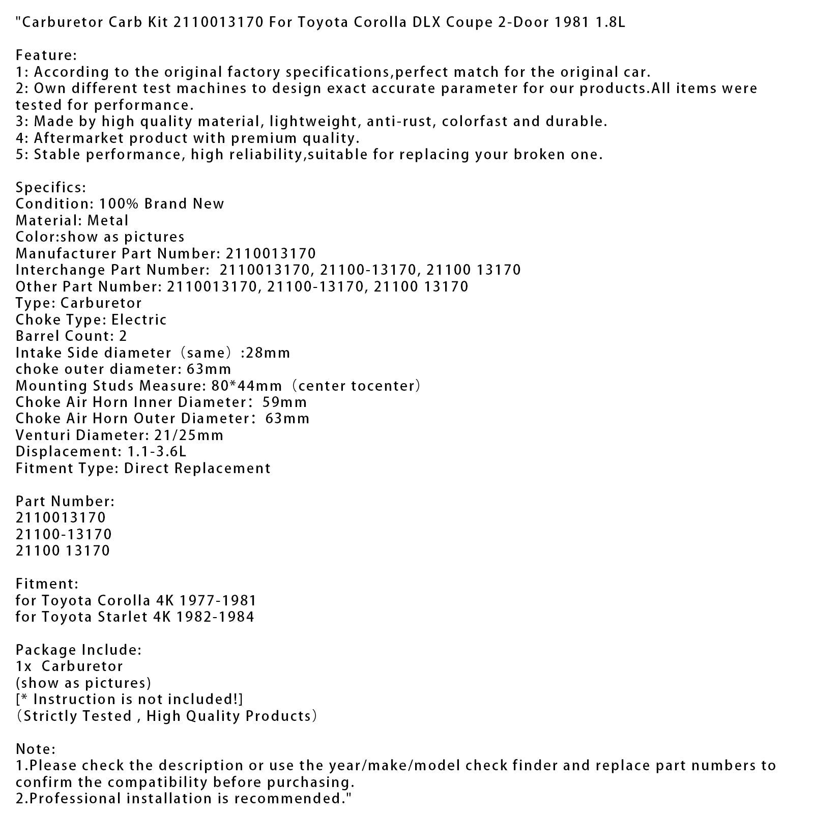 Kastiosarja Toyota Starlet 4K 1982-1984 2110013170