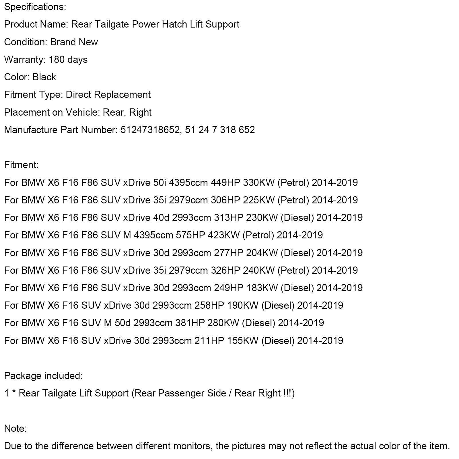 BMW X6 F16 SUV xDrive 30d 2993 cm³ 258 KM 190 kW (dizel) (2014–2019) Desna zadnja opora prtljažnih vrat (ref. 51247318652)