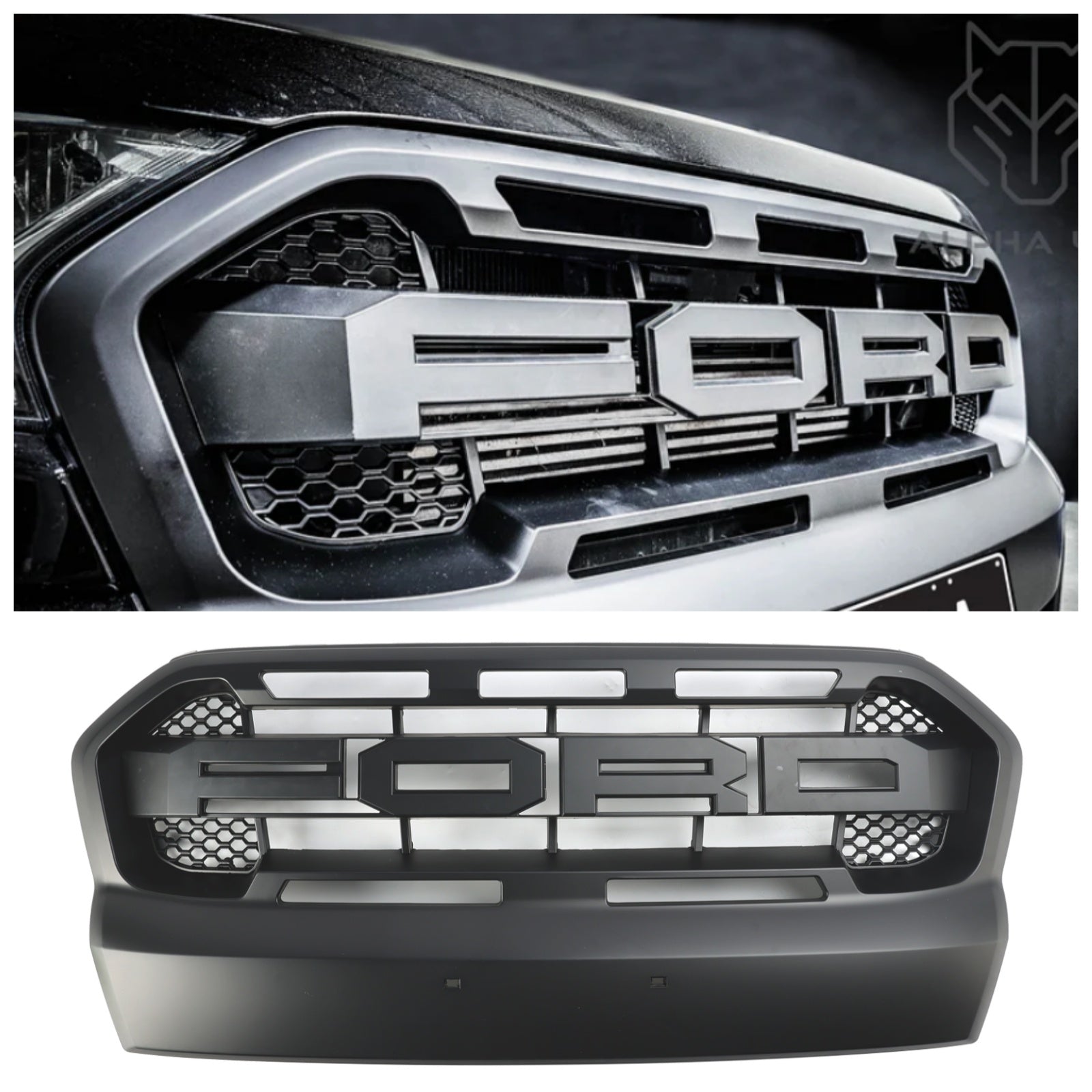 Sostituzione della griglia anteriore per Ford Ranger T7 Wildtrak 2015-2019 in stile Raptor, Matt Black Grid