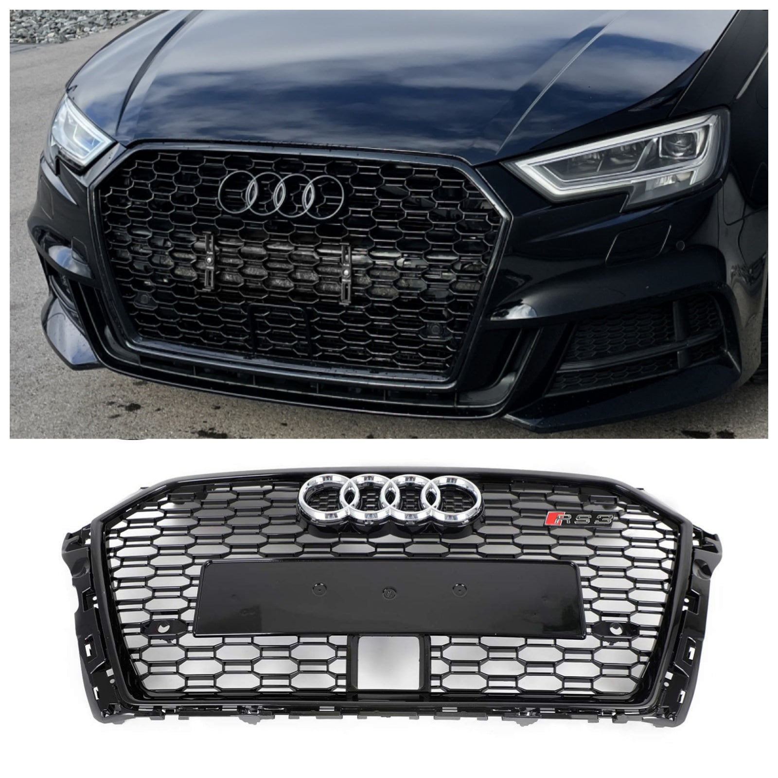 Calandre avant en nid d'abeille de style Audi A3 S3 RS3 2017-2019 avec noir brillant ACC