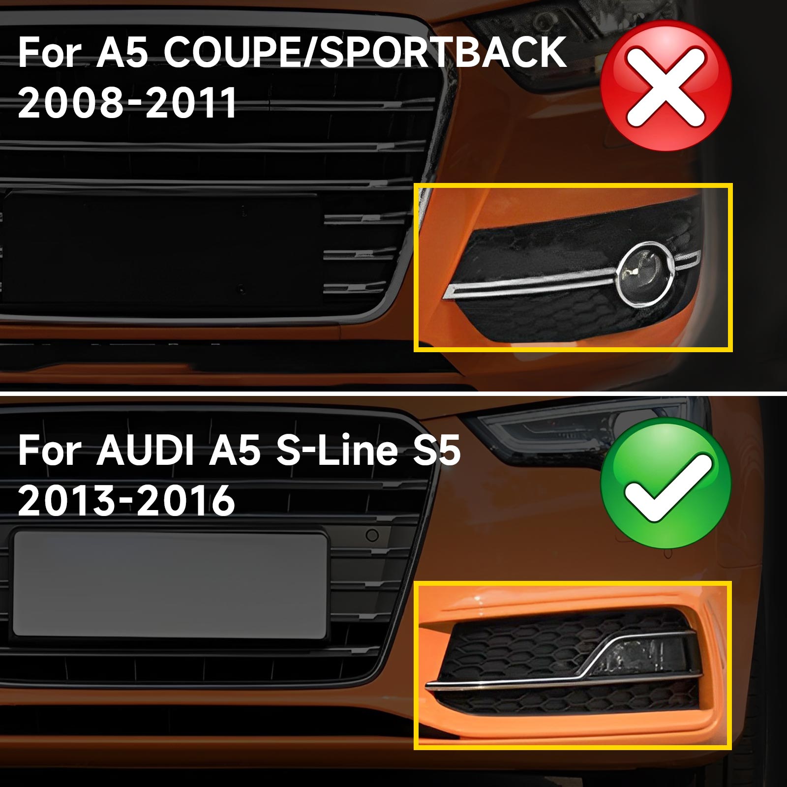 2013-2016 AUDI A5 S-Line S5 Pair Front Fog Lamp Black Trim Grills Grill