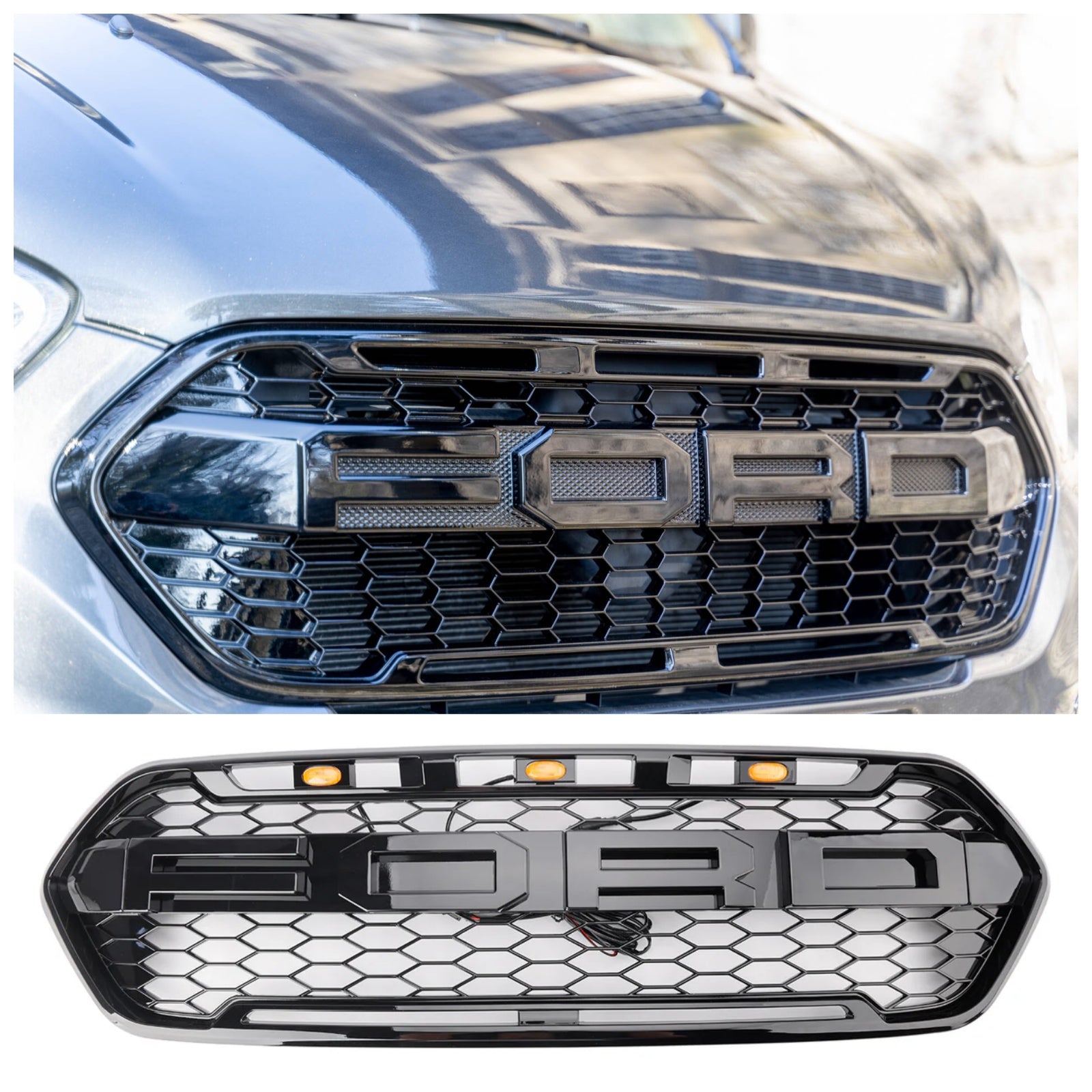 Grilla de parachoques delantero negro brillante para Ford Transit Custom Trail 2018-2023 con 3LED