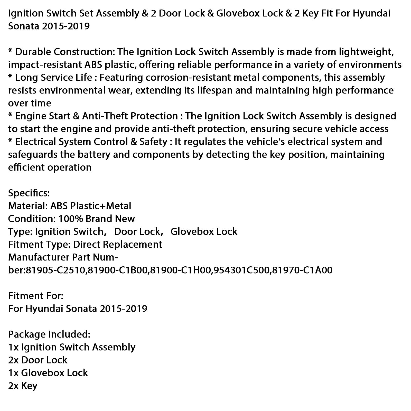 Ensemble de barillet de verrouillage d'allumage pour Hyundai Sonata 2015-2019 81905C2510