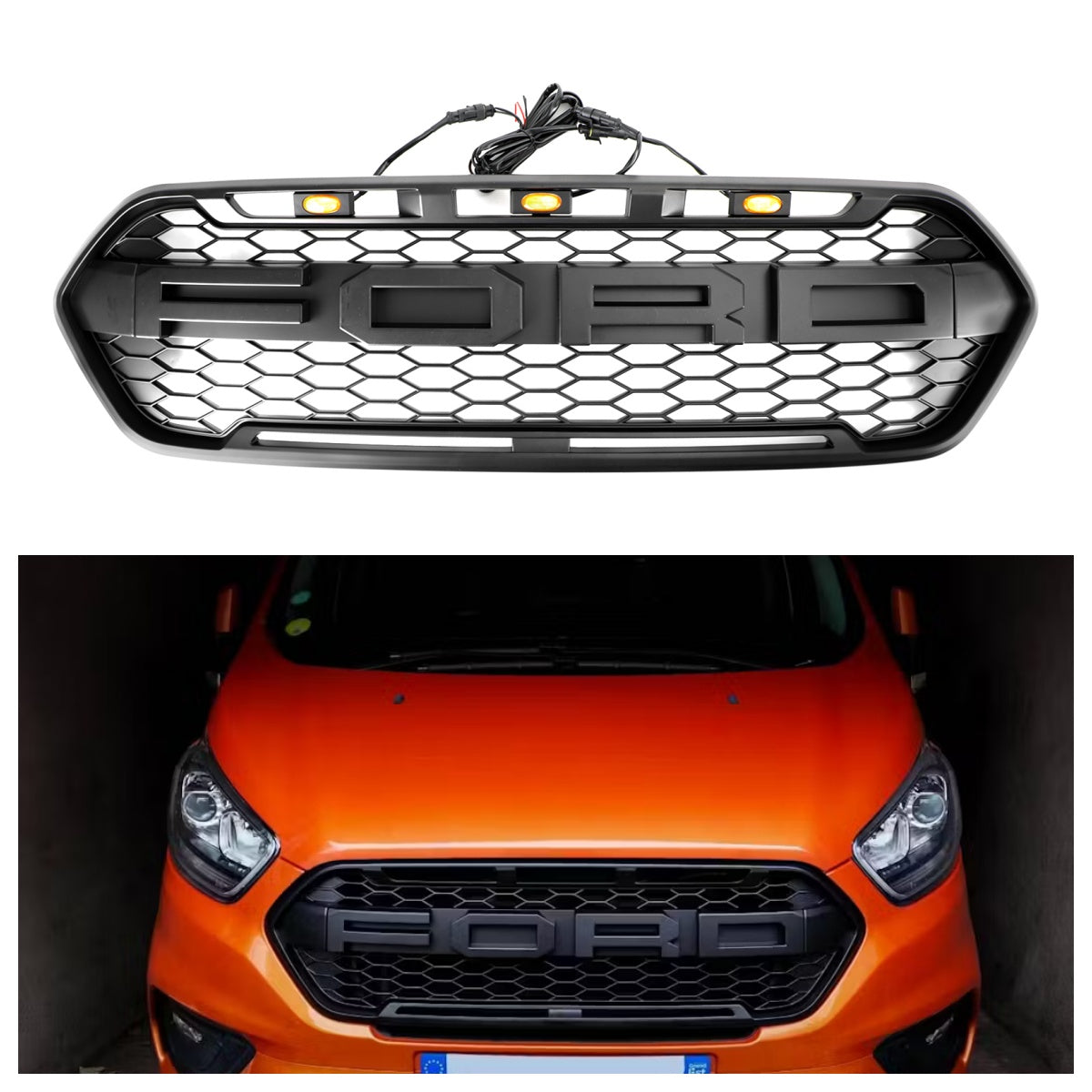 Matowa czarna przednia siatka zderzaka dla Forda Transit Custom Trail 2018-2023 W/ 3LED