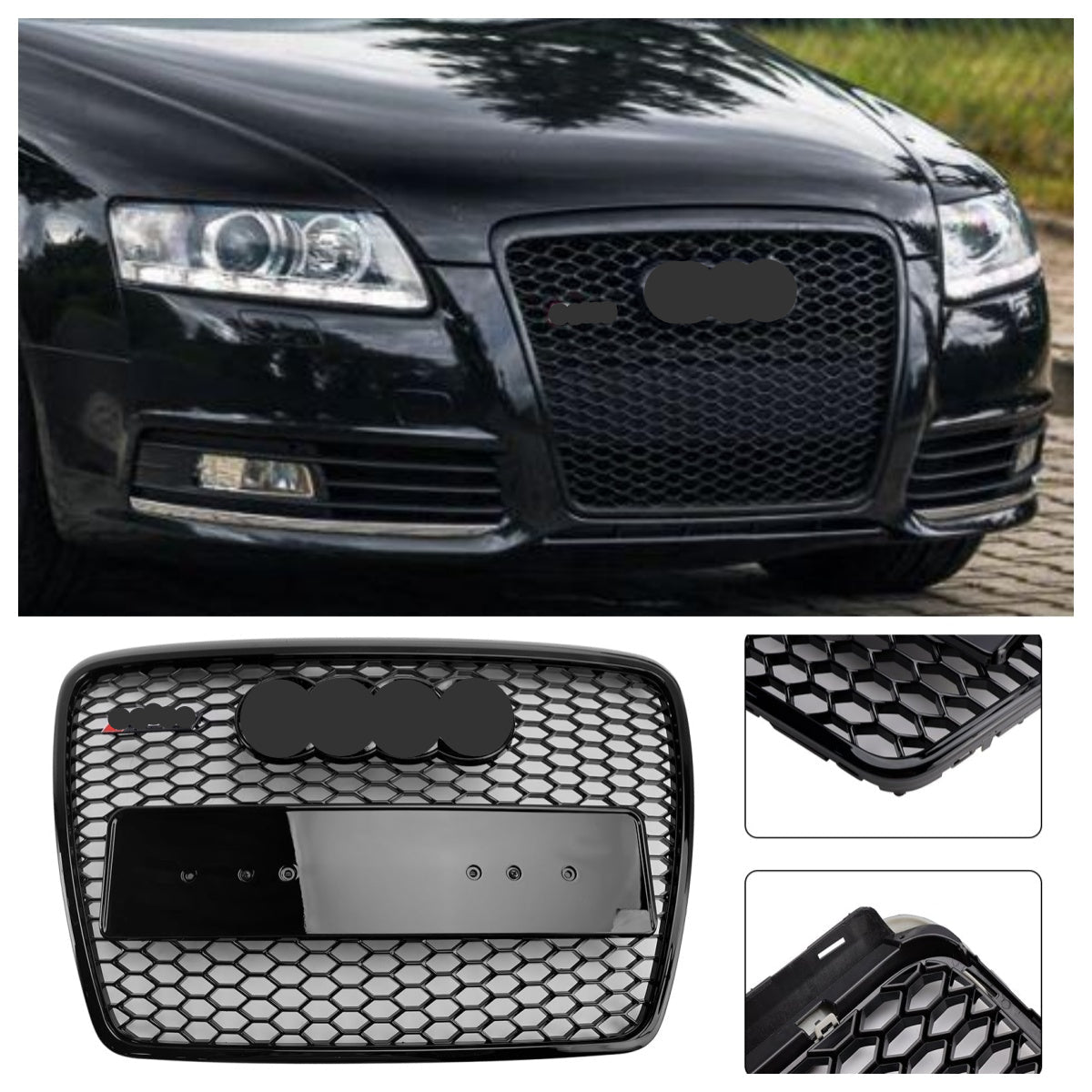 Sportowy grill przedni w stylu RS6 do Audi A6/S6/A6 Sline C6 (2008-2011) - Czarny, sześciokątny wzór plastra miodu z emblematem