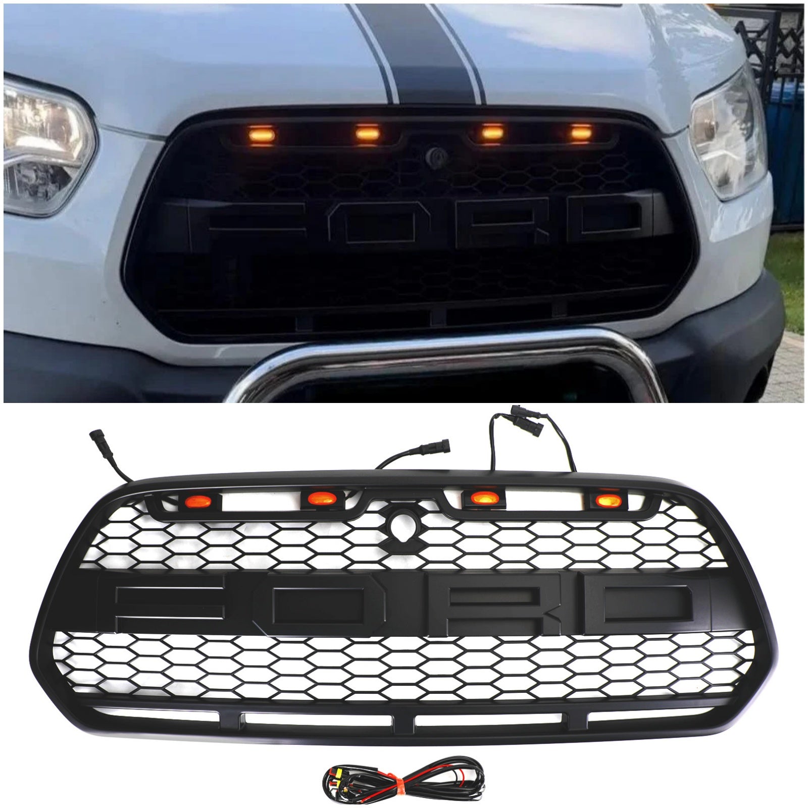 Matzwarte voorbumpergrille met LED voor Ford Transit MK8 2015-2018 Raptor