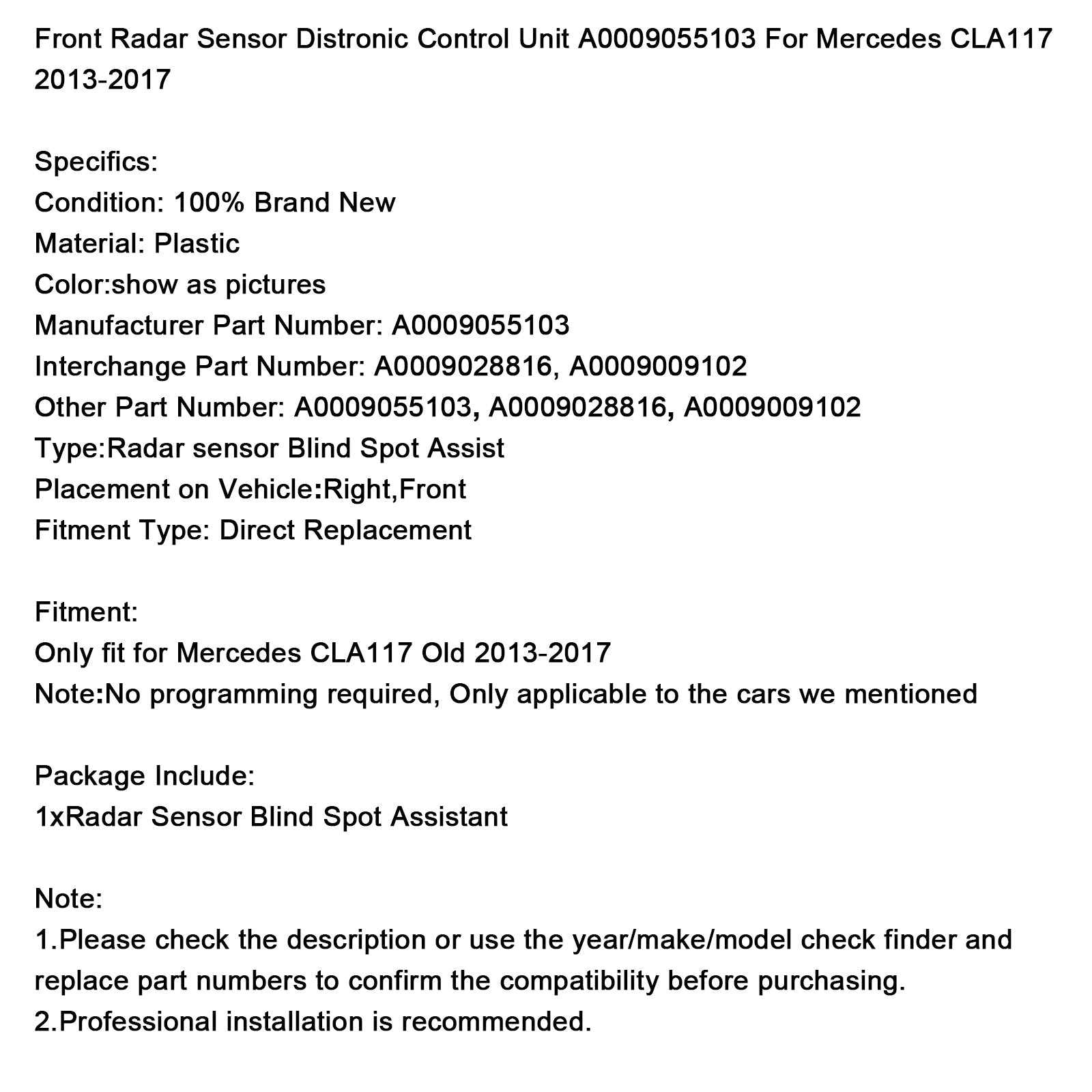 Sensor de radar antes de Mercedes CLA117 2013-2017, Unidad de control A0009055103 A0009028816 A0009009102